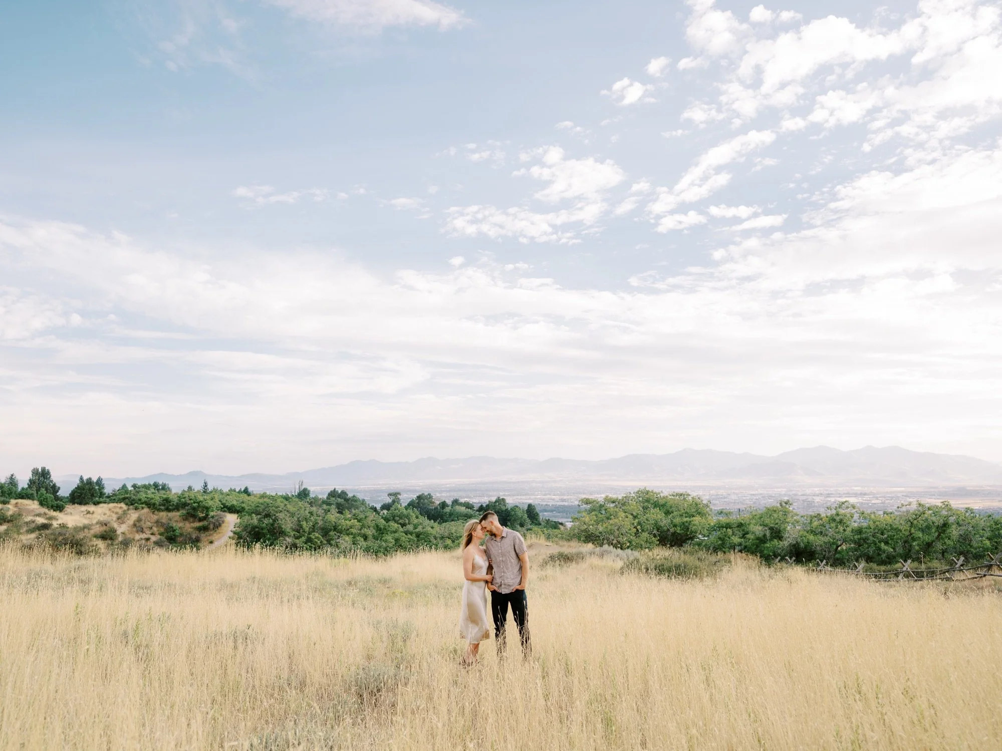 Wide view of an engaged couple beneath a soft summer sky
