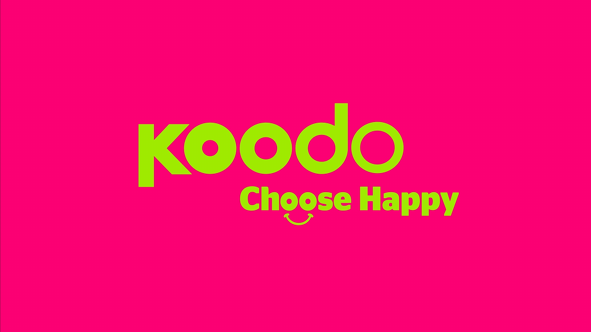 Bright pink background with lime green text reading "kodo" and "Choose Happy" with a smiling face detail underneath.