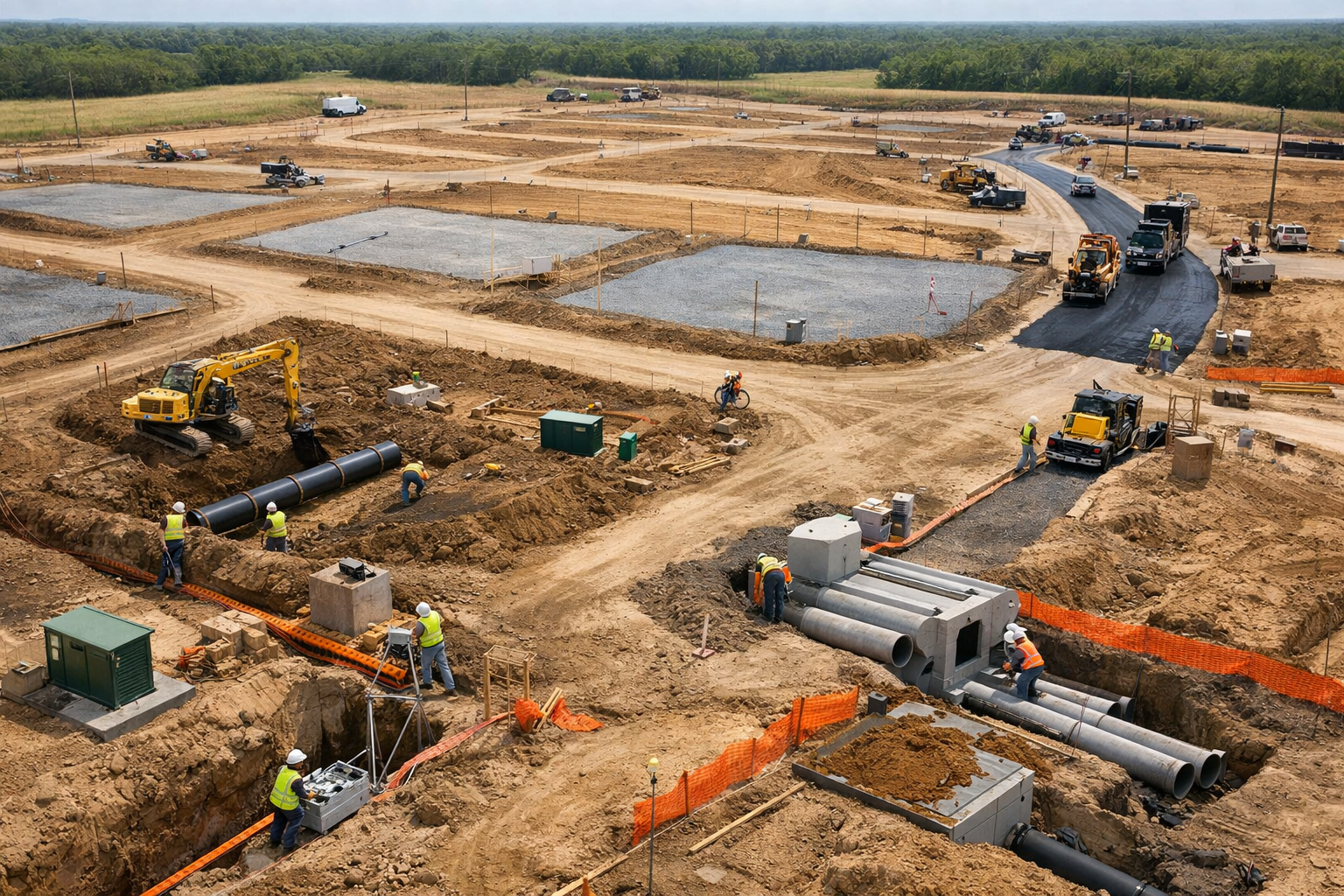Construction site with workers and heavy machinery installing large pipes underground, with gravel foundations and ongoing road paving in the background.