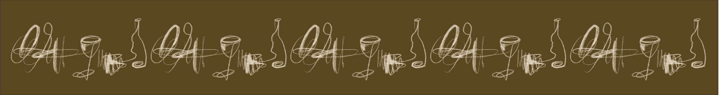 Pattern of white sketch-like line drawings of wine glasses, bottles, and abstract shapes on a brown background.