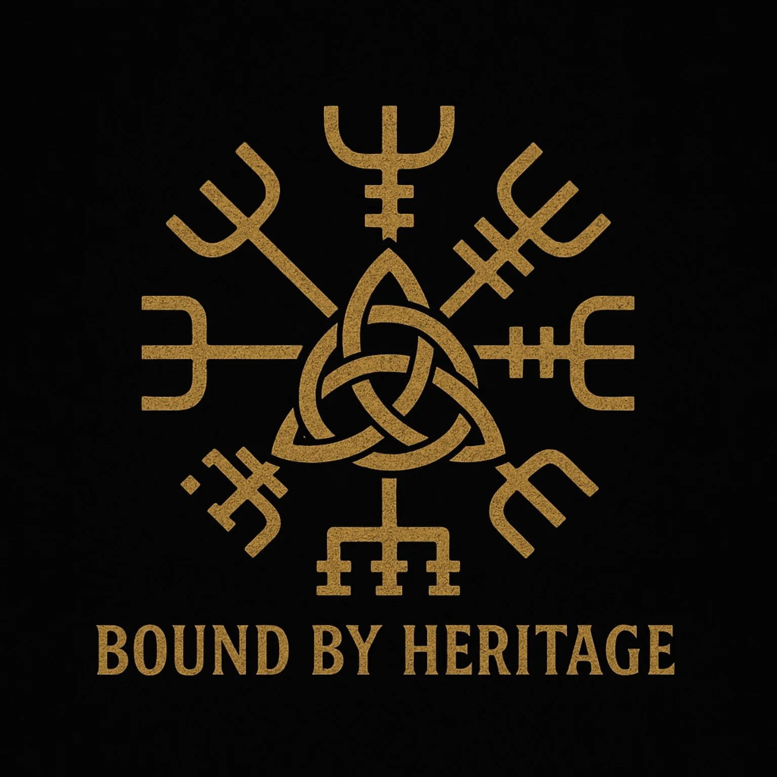 A gold-colored triquetra with runic symbols in a circular pattern around it on a black background, with the text "Bound by Heritage" below.