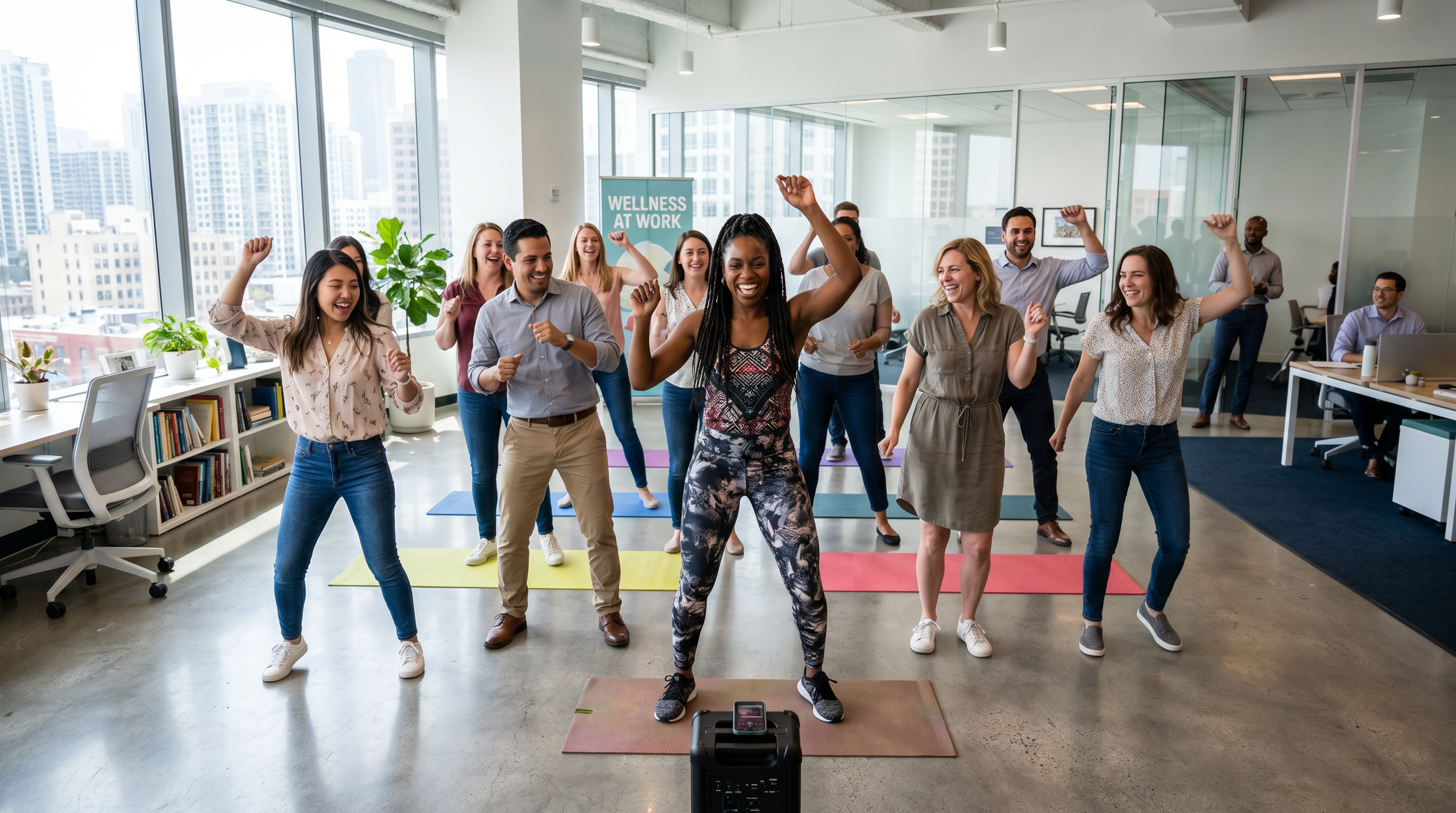Office workers enjoying a lunchtime dance fitness class as part of a workplace wellbeing session
