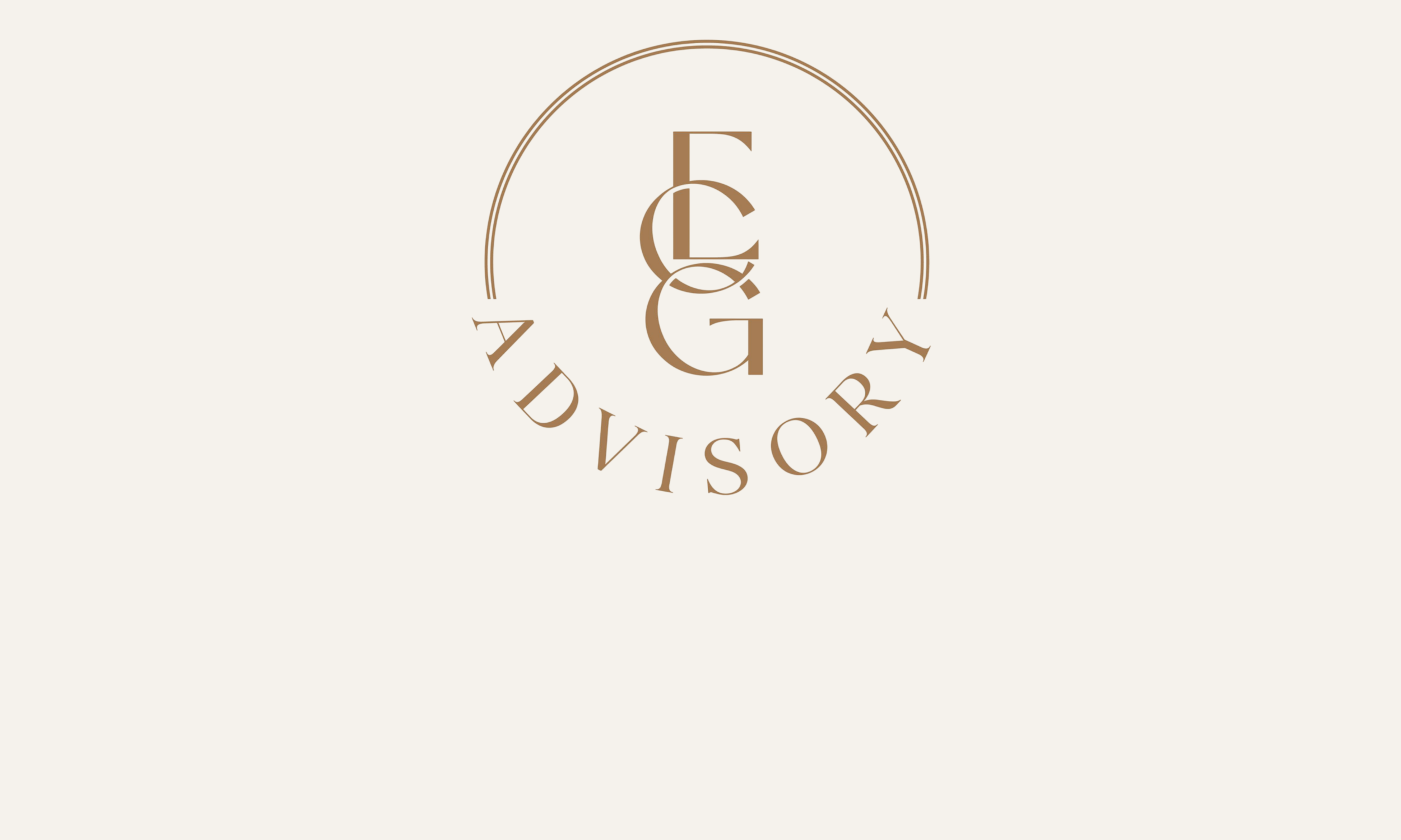 Logo with initials "EG" and the words "ADD VISORY" in a circular pattern, in brown on a light beige background.