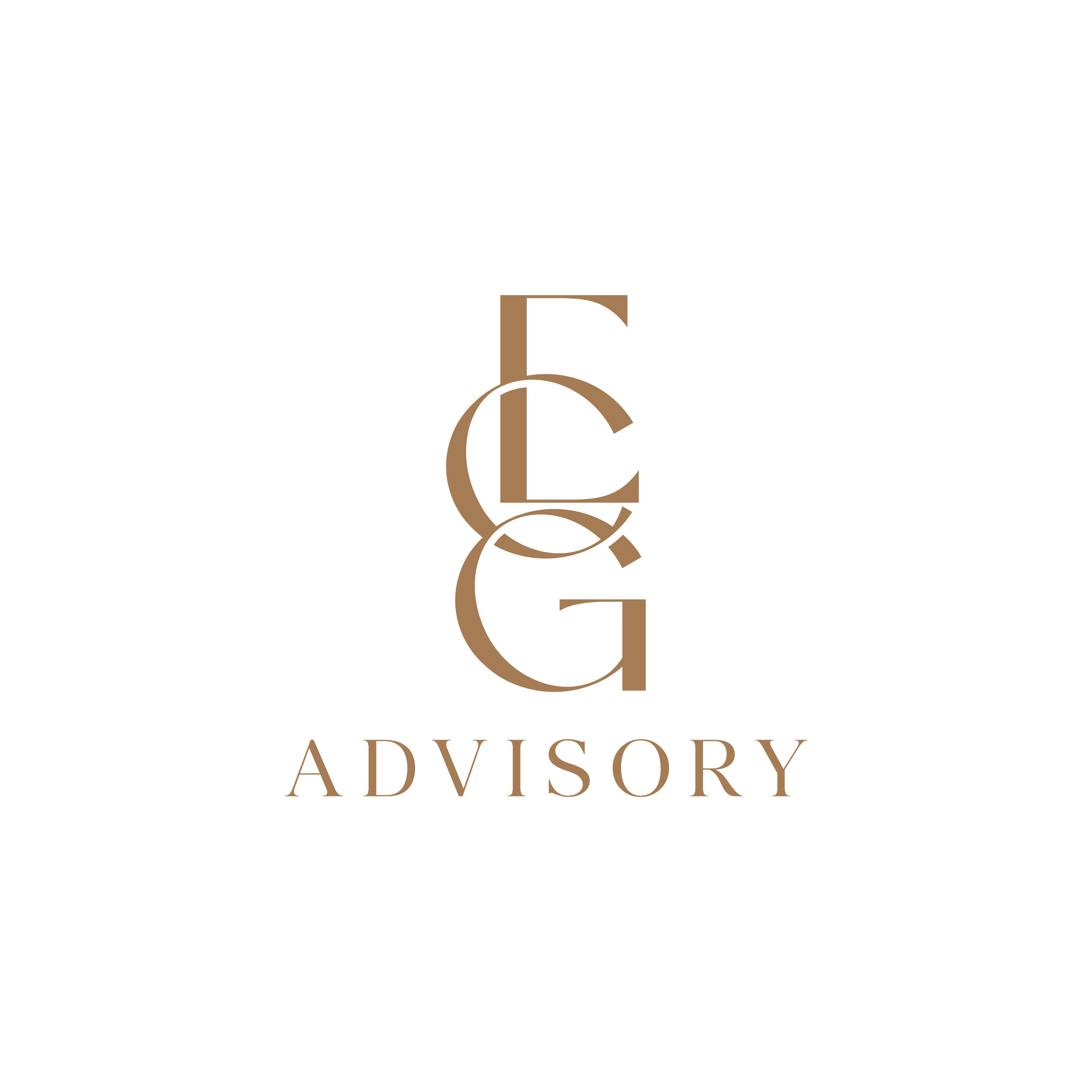 Black background with gold intertwined letters E and G, and the word 'Advisory' written underneath in gold.