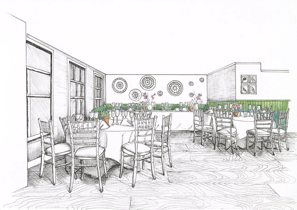highly detailed drawing of a restaurant interior,  with chairs around tables, glasses, plants and napkins laid on the tables. Wooden flooring and bench seating complete the design.