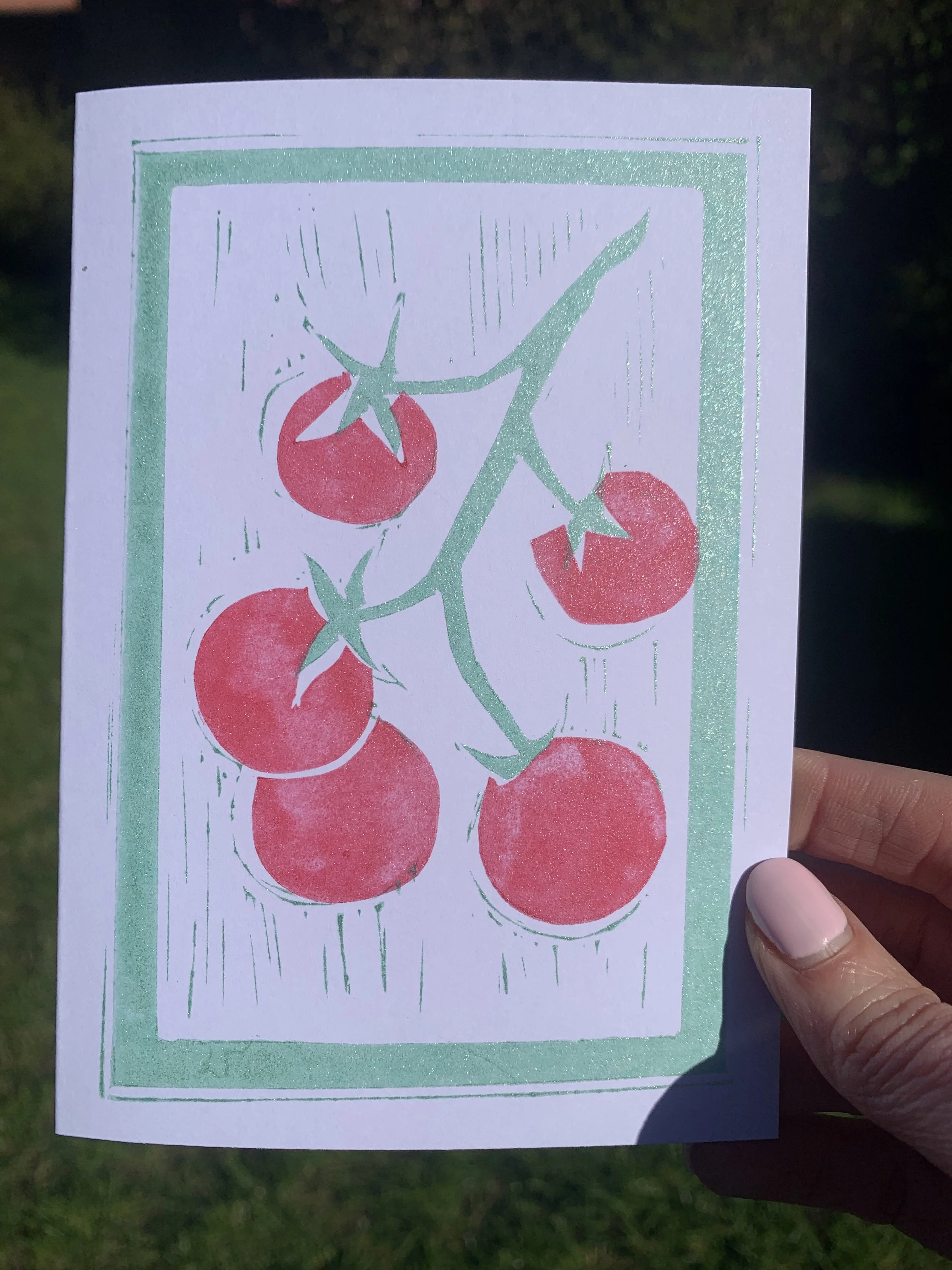 Vic Delaney lino print tomato card in metallic ink