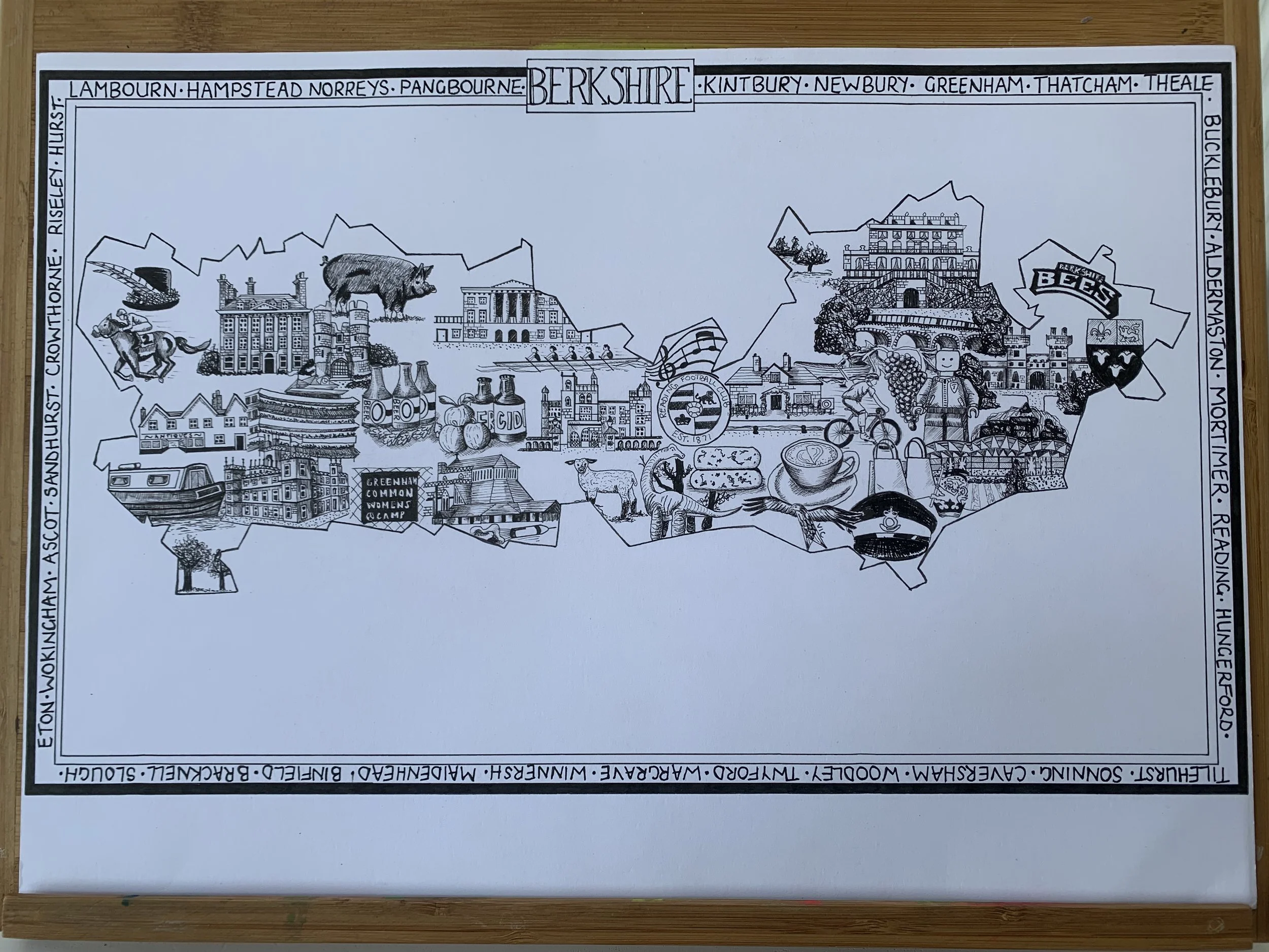 hand drawn map of Berkshire, featuring Reading FC, Ascot racecourse, Legoland Windsor and Welford Park Estate.