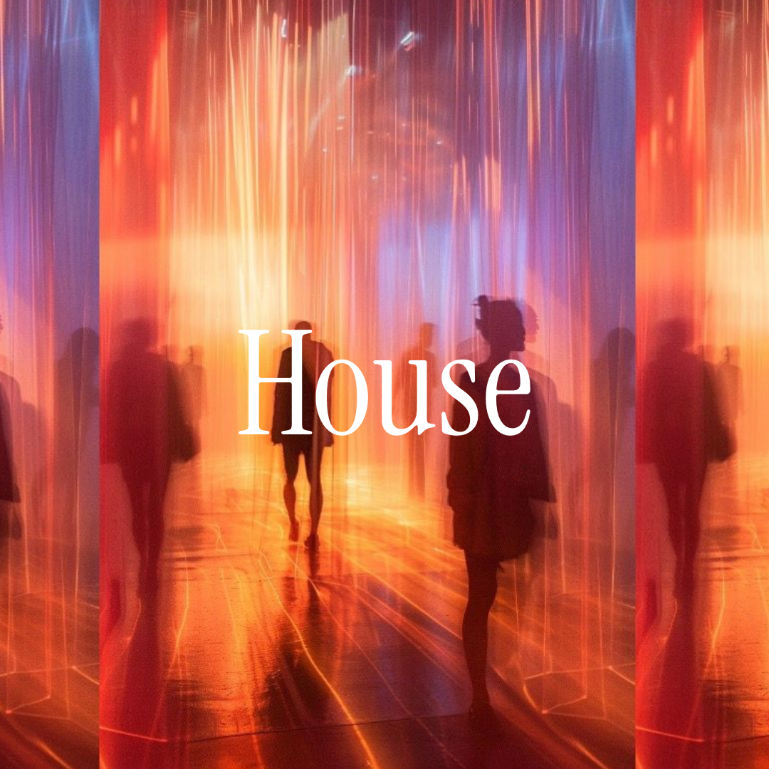 Silhouettes de personnes dans une installation artistique avec des lumières orange et bleues, et le mot "House" en texte blanc au centre.