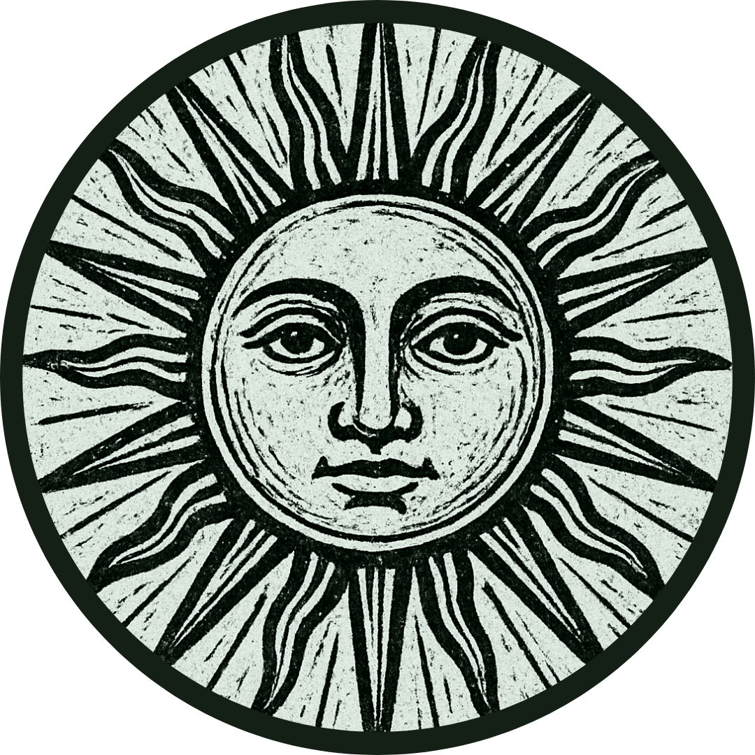 Illustration d'un soleil stylisé avec un visage humain au centre, rayons rayonnants autour.