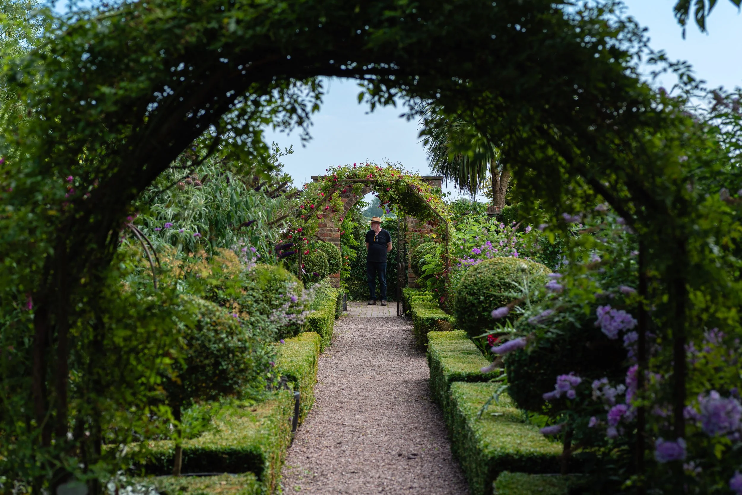 A view down a long, box hedge lined walk through arched pergolas