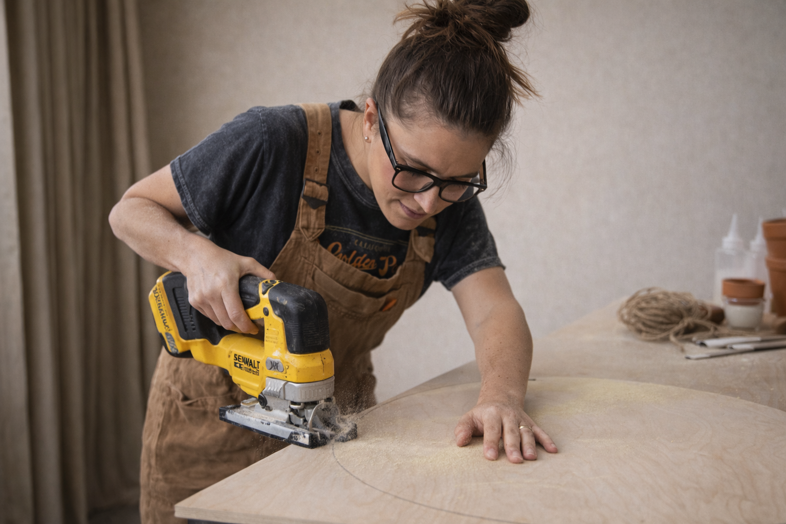 Lindsay Johnson with glasses and a brown apron is using a yellow and black power jigsaw to cut wood on a work table for her custom commissioned moss art