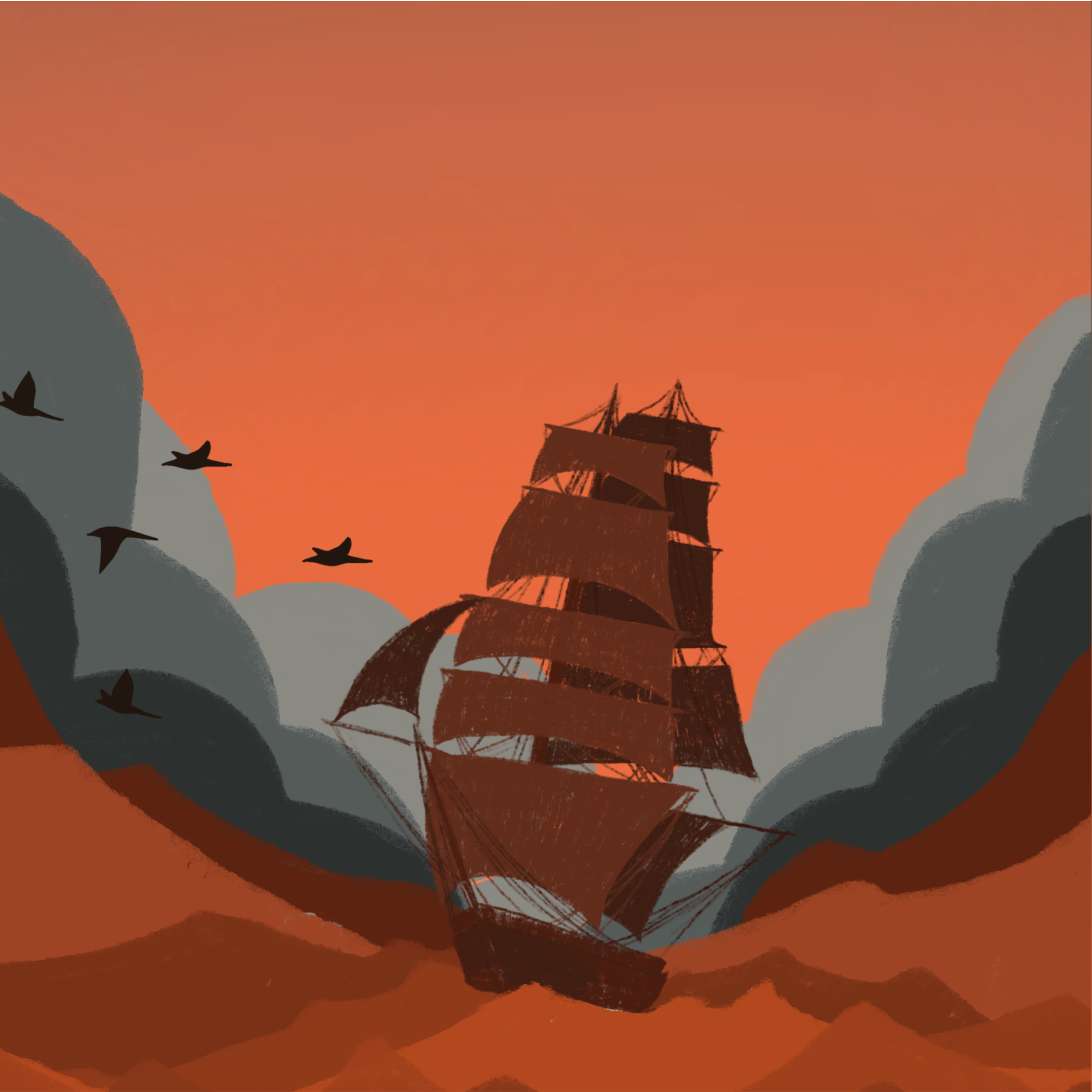 Illustration of a sailing ship with dark brown sails in a stormy sea, surrounded by gray clouds and flying birds at sunset.