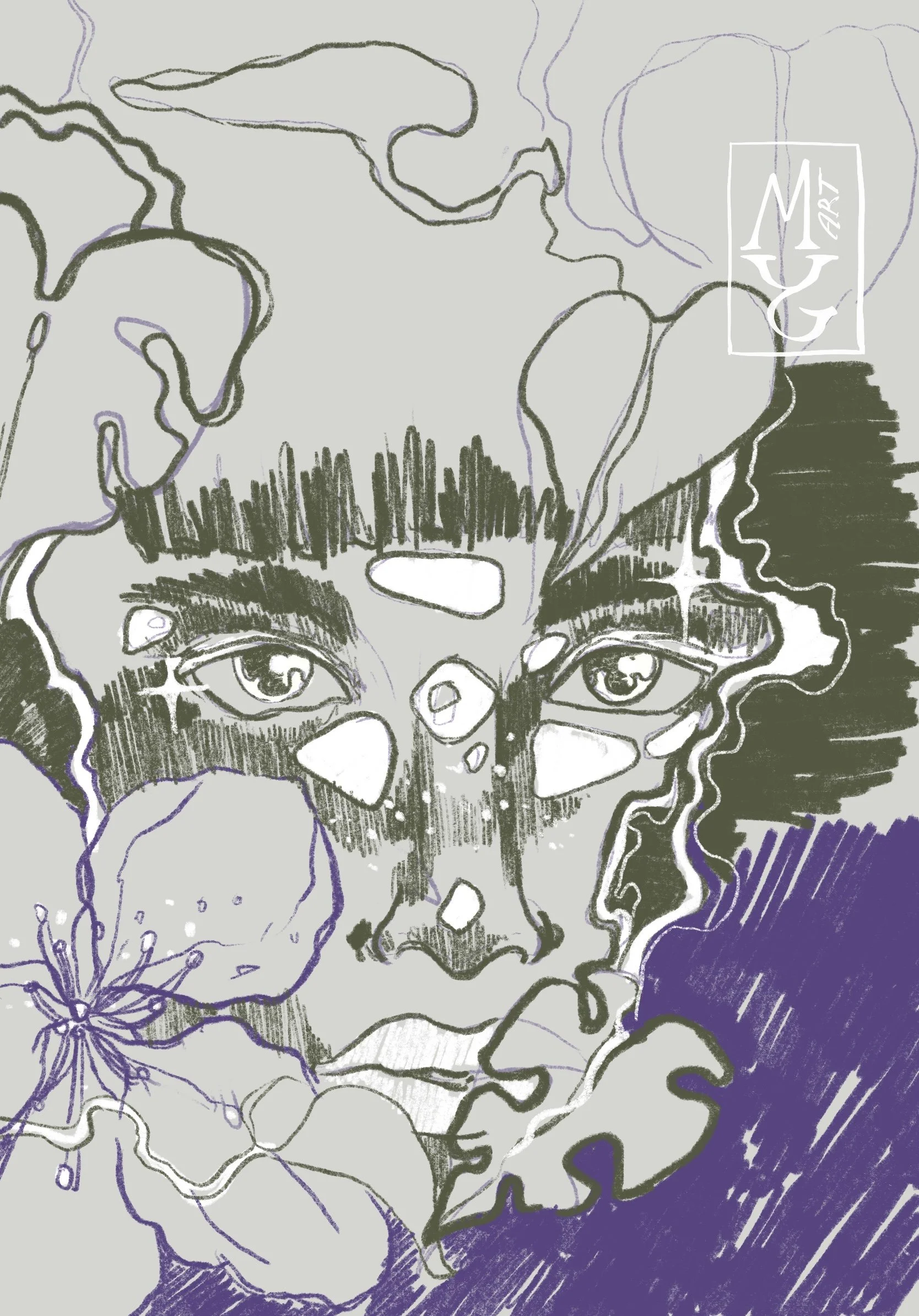 Black and white drawing of a woman's face surrounded by leaves and flowers, with a textured background.