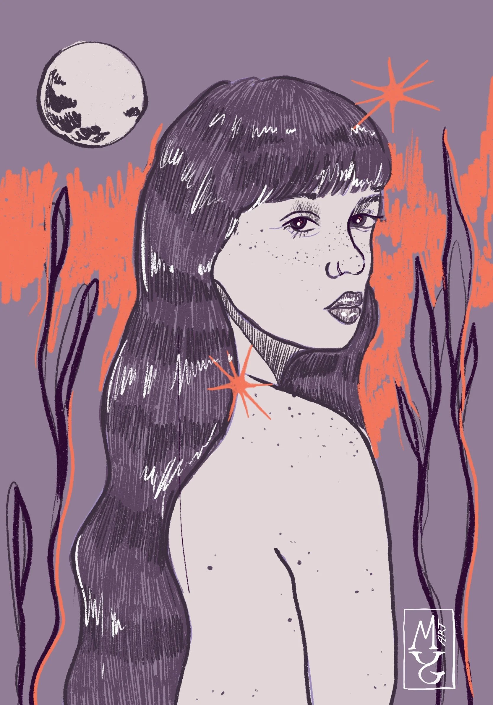 A digital illustration of a woman with long dark hair and freckles, depicted in profile against a purple background with a moon, stars, and orange abstract shapes.