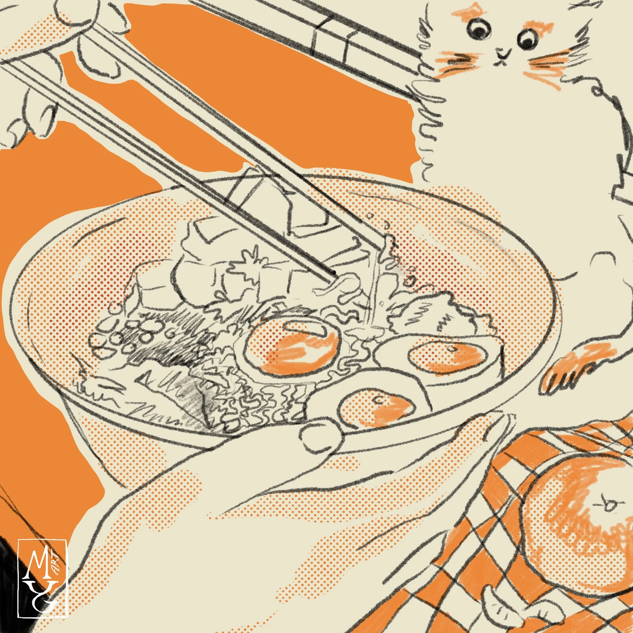 A person holding a bowl of ramen with soft-boiled eggs, vegetables, and noodles, while a fluffy cat watches nearby.