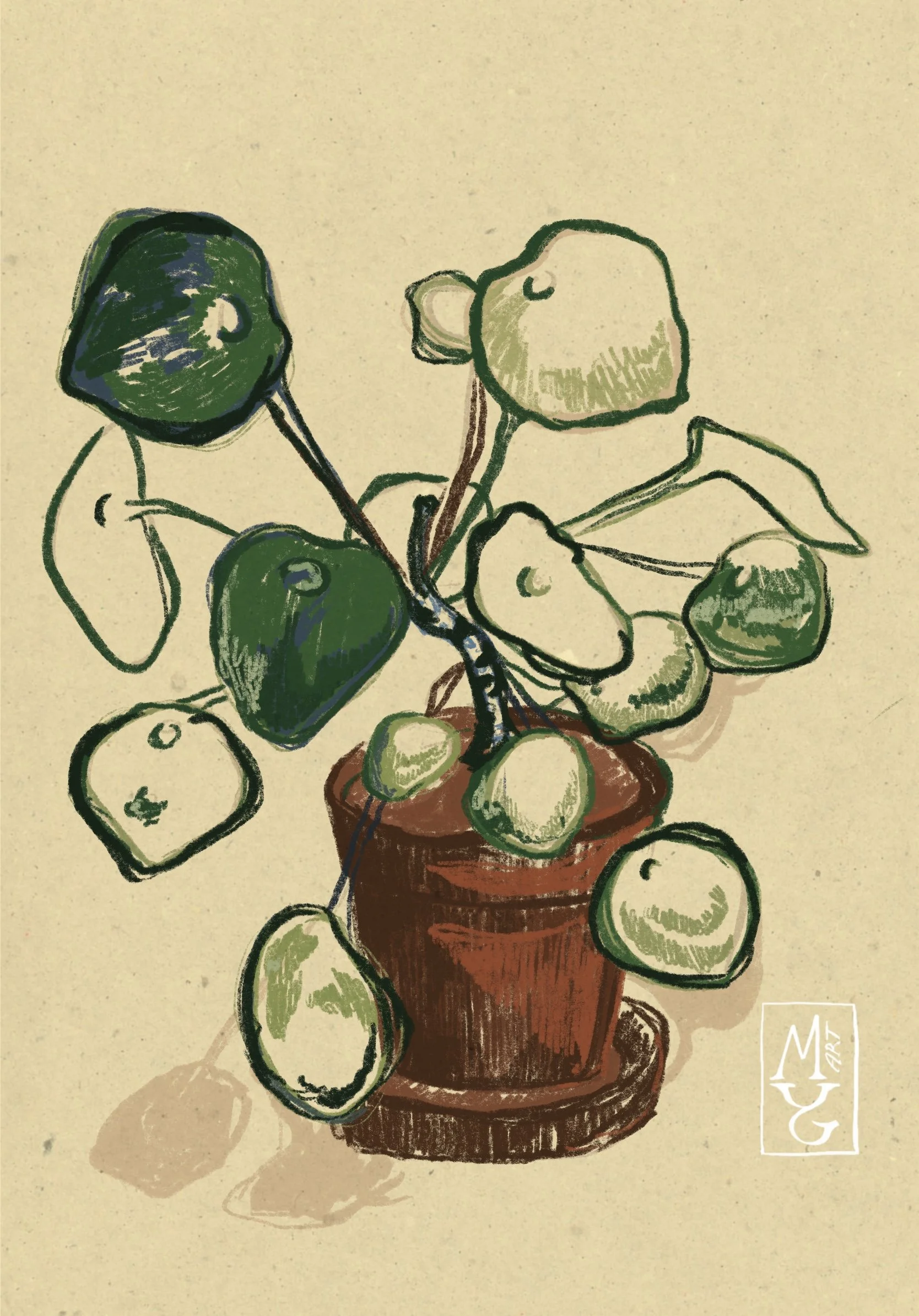 Sketch of a potted plant with several hanging green pears and leaves.