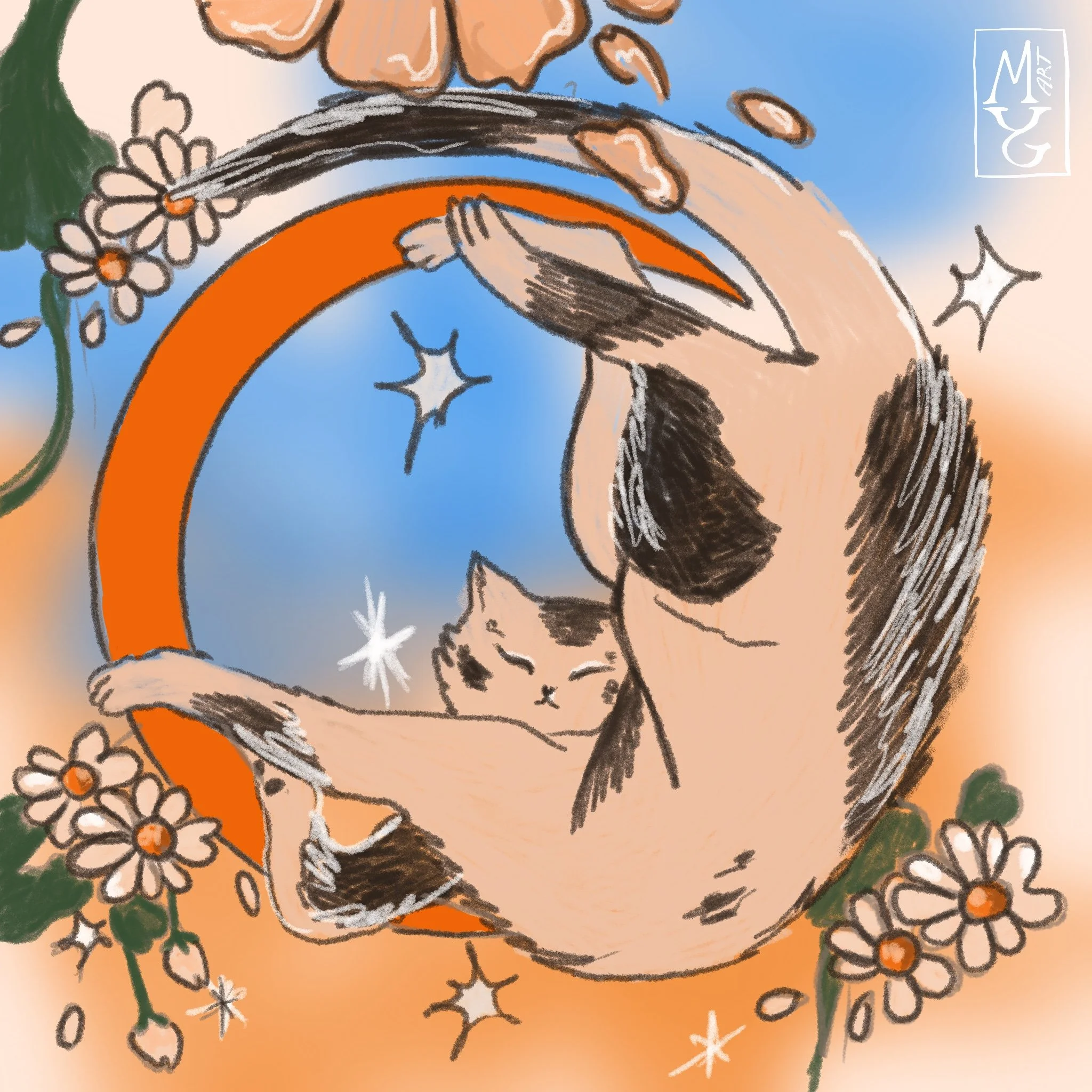A digital illustration of a sleeping cat hugging a large crescent shape, surrounded by flowers and star-like sparkles, with a sky blue and orange background.