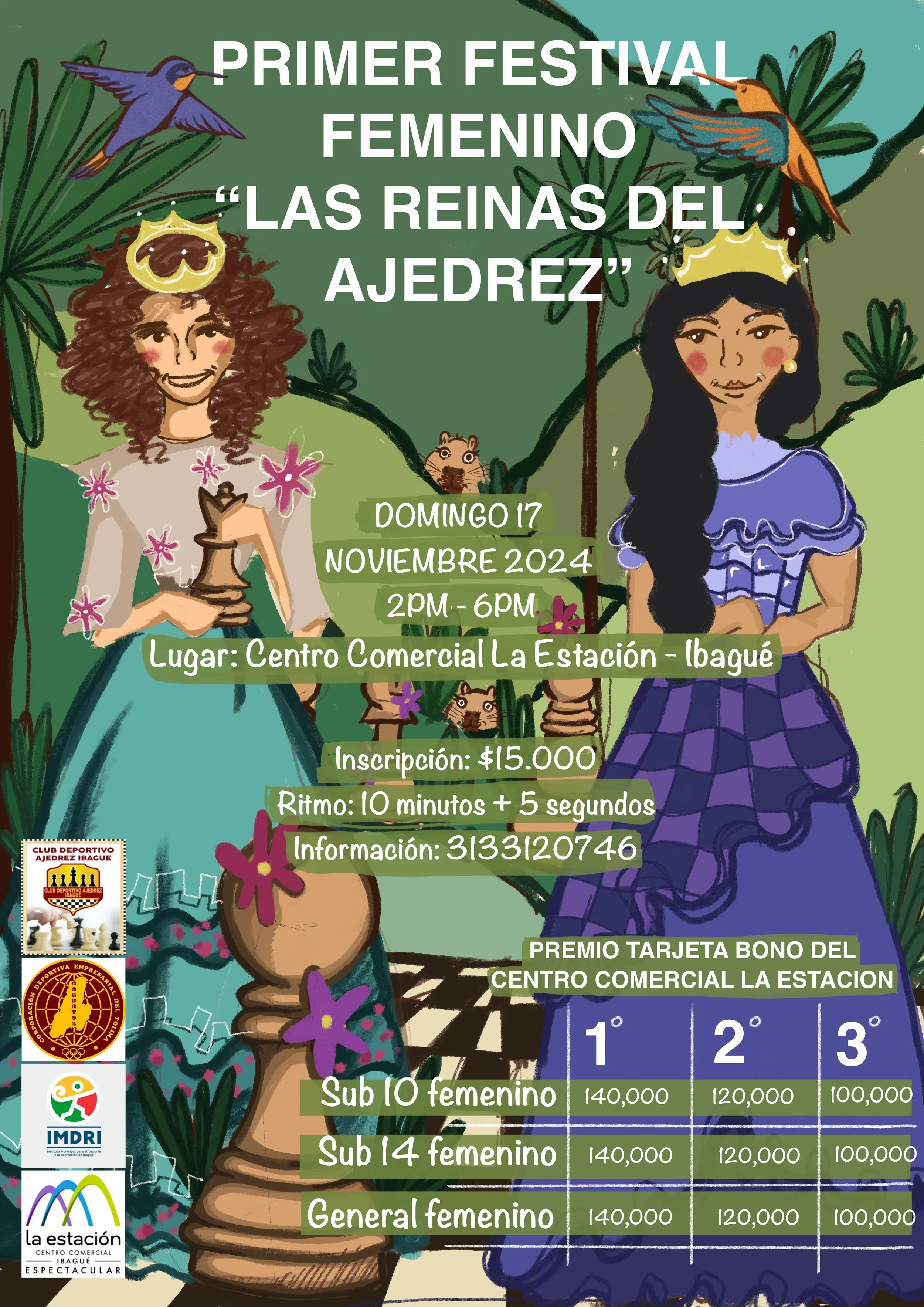 Illustration of a poster advertising the first women's chess festival 'Las Reinas del Ajedrez' with two women wearing crowns, surrounded by jungle-themed background with birds and animals, providing event details and prize information.