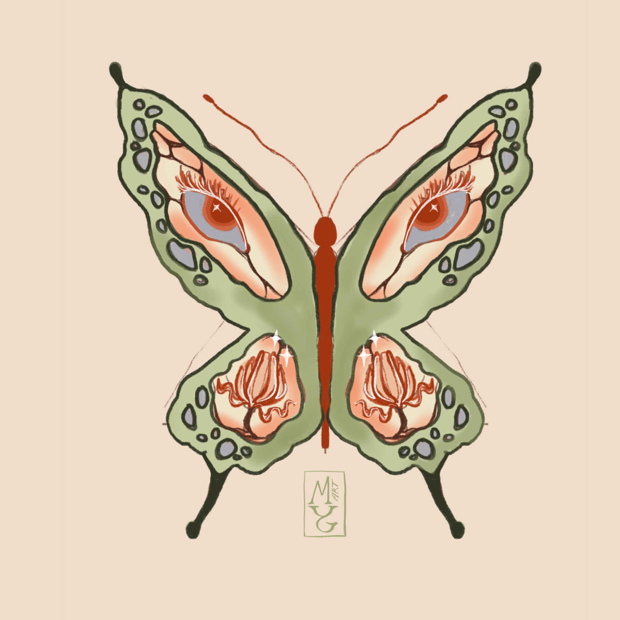 A stylized artistic butterfly with intricate patterns and eye-catching colors.