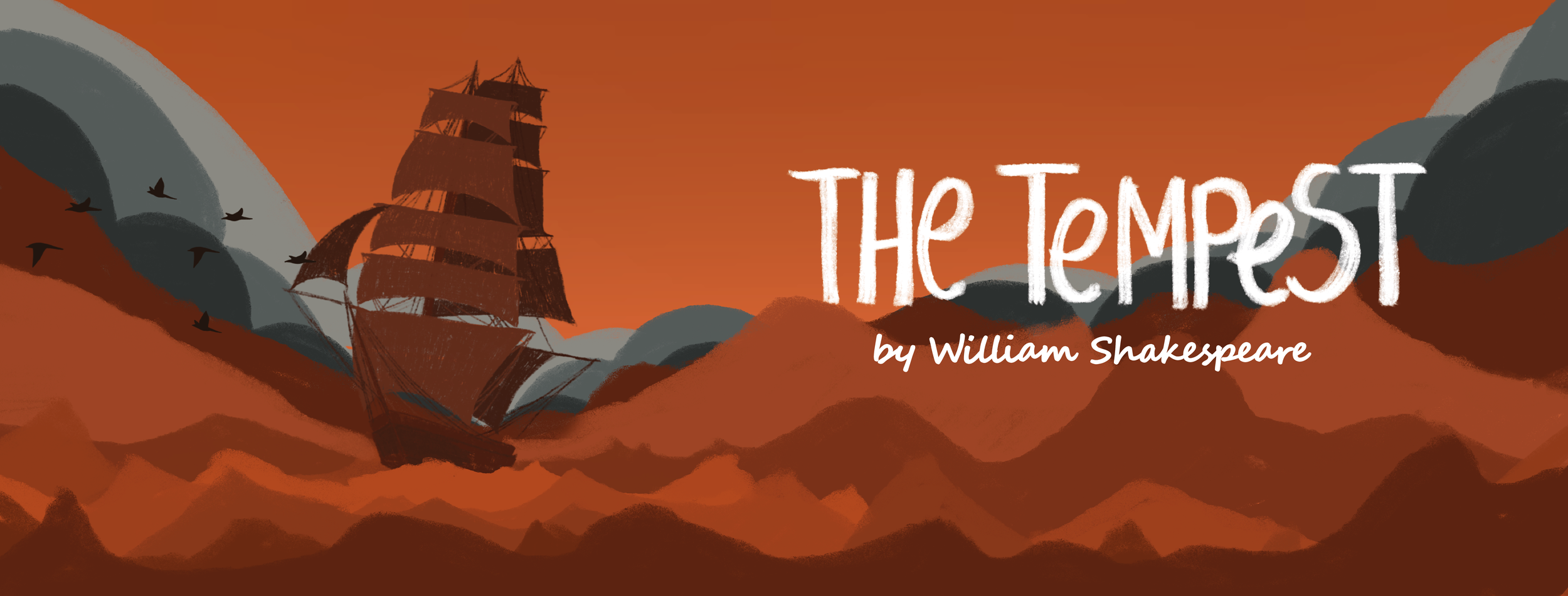Illustration of a ship sailing among waves and clouds with a flock of birds flying nearby, titled "The Tempest" by William Shakespeare.
