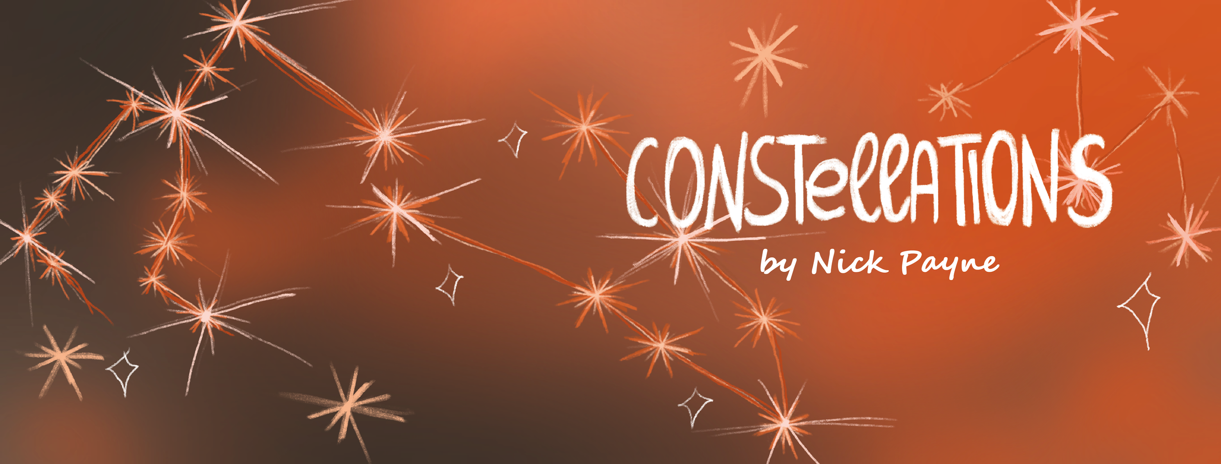 Book cover titled 'Consteections' by Nick Payne, featuring a background with orange and brown hues, and illustrations of sparkler-like fireworks and small white star-like accents.