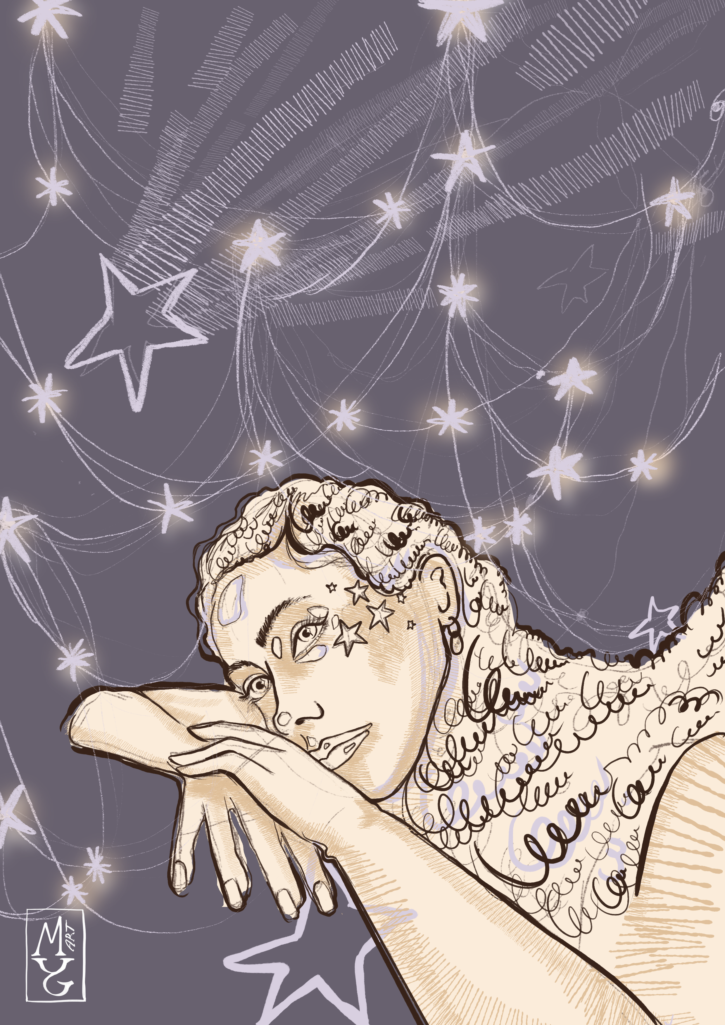 Illustration of a person with curly hair, resting their head on crossed arms, surrounded by glowing star-shaped and line-drawn star decorations against a dark background.