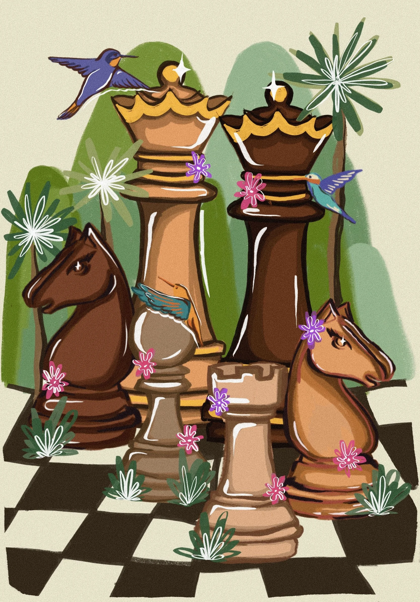 Illustration of a chessboard with a queen chess piece, horse chess pieces, and several chess pawns. The scene is decorated with colorful flowers and surrounded by plants. Several hummingbirds are flying around and perched on the chess pieces.