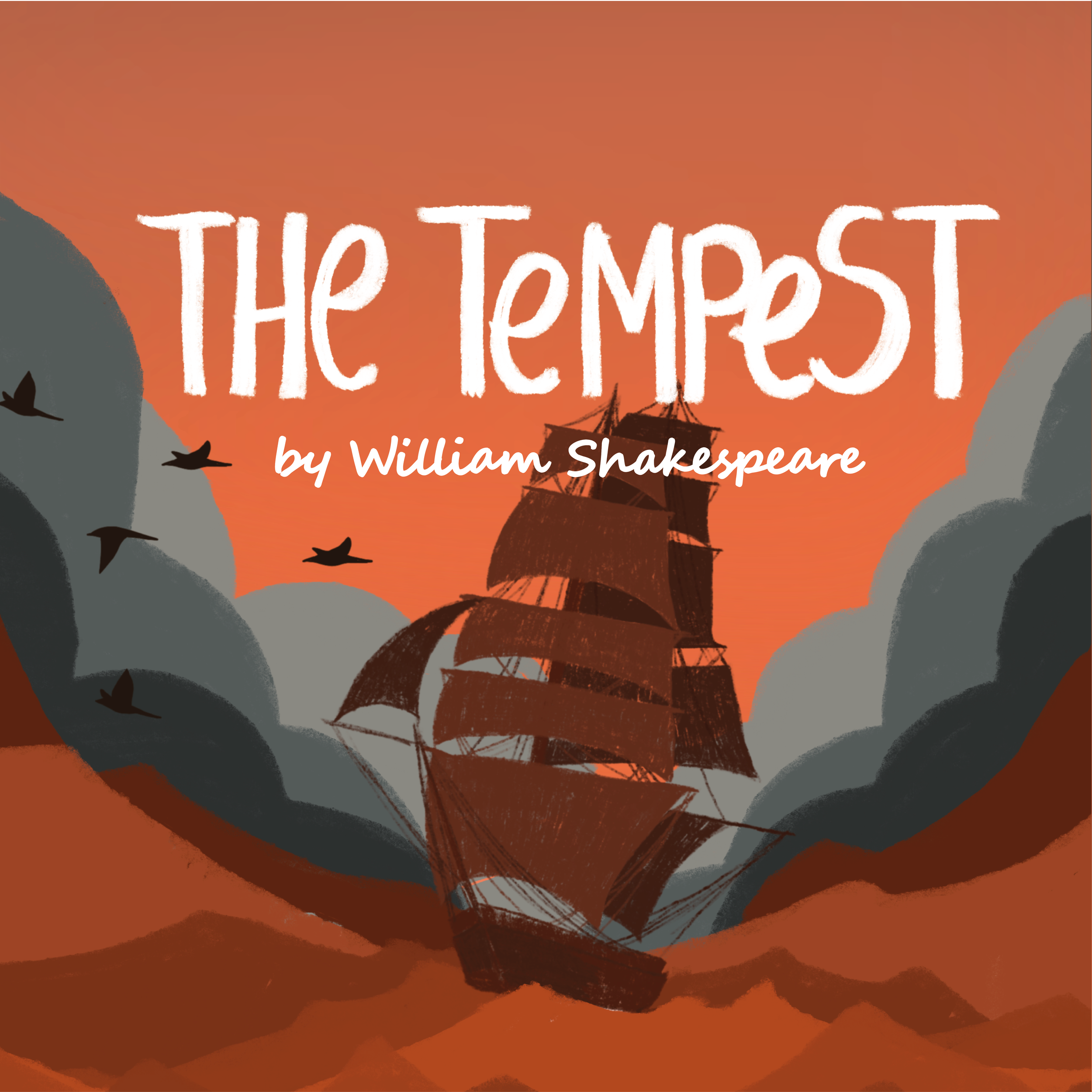 Book cover for William Shakespeare's The Tempest featuring a ship sailing through stormy clouds with a sunset background.