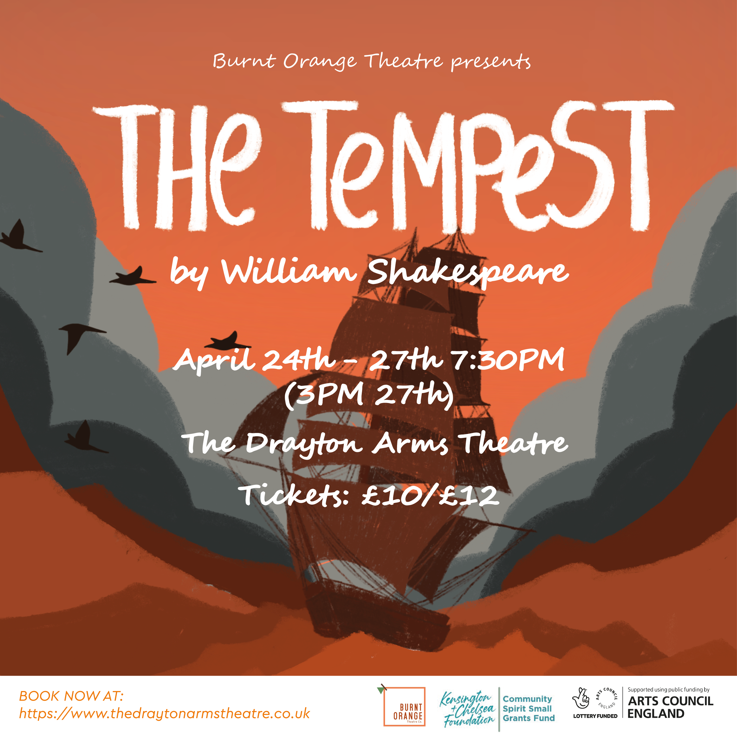 Poster for a play titled "The Tempest" by William Shakespeare, presented by Burnt Orange Theatre. The background depicts a ship sailing through stormy seas with dark clouds and flying birds, in orange and gray tones. The event is scheduled for April 