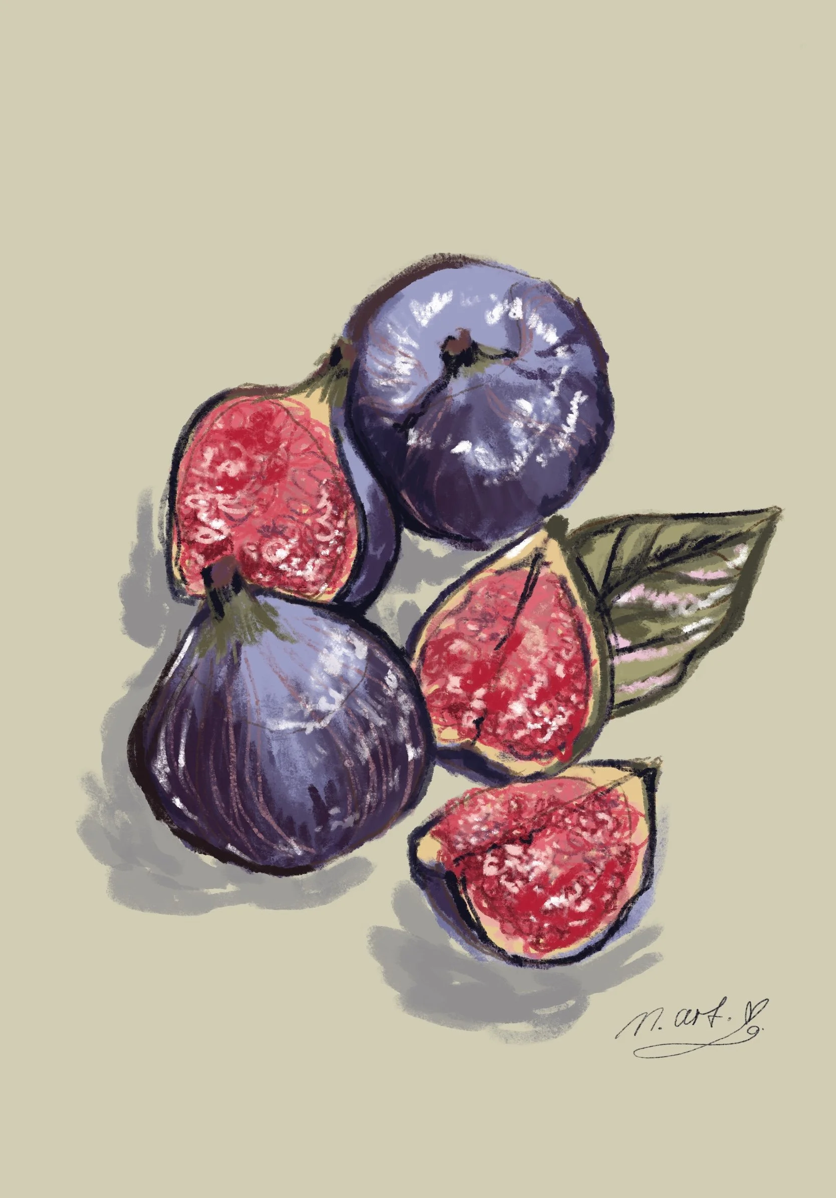 A watercolor painting of whole and sliced figs with leaves on a light background.