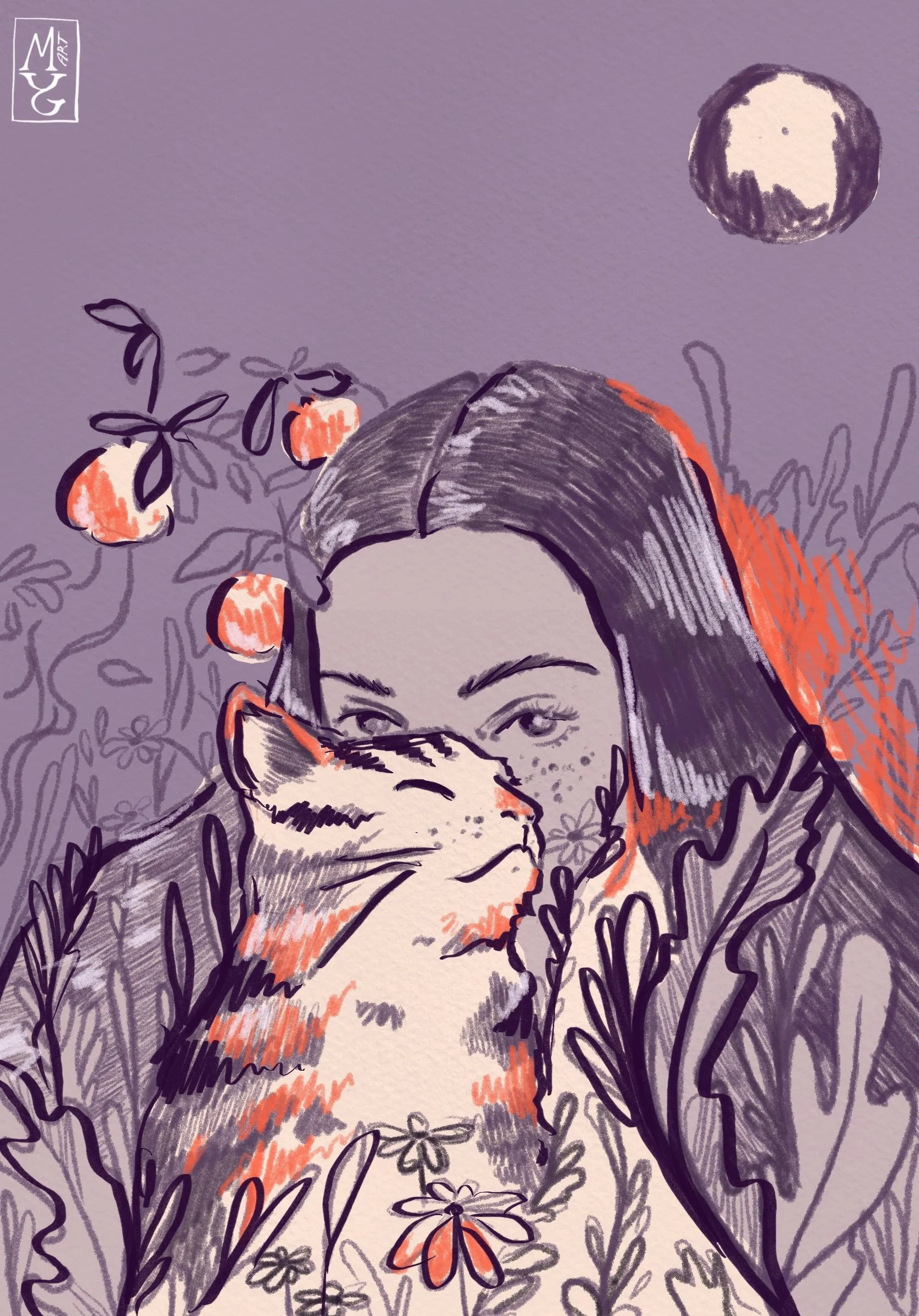 A digital drawing of a woman with long dark hair and a gray tabby cat, surrounded by flowers, orange fruits like peaches, and a full moon in a purple night sky.