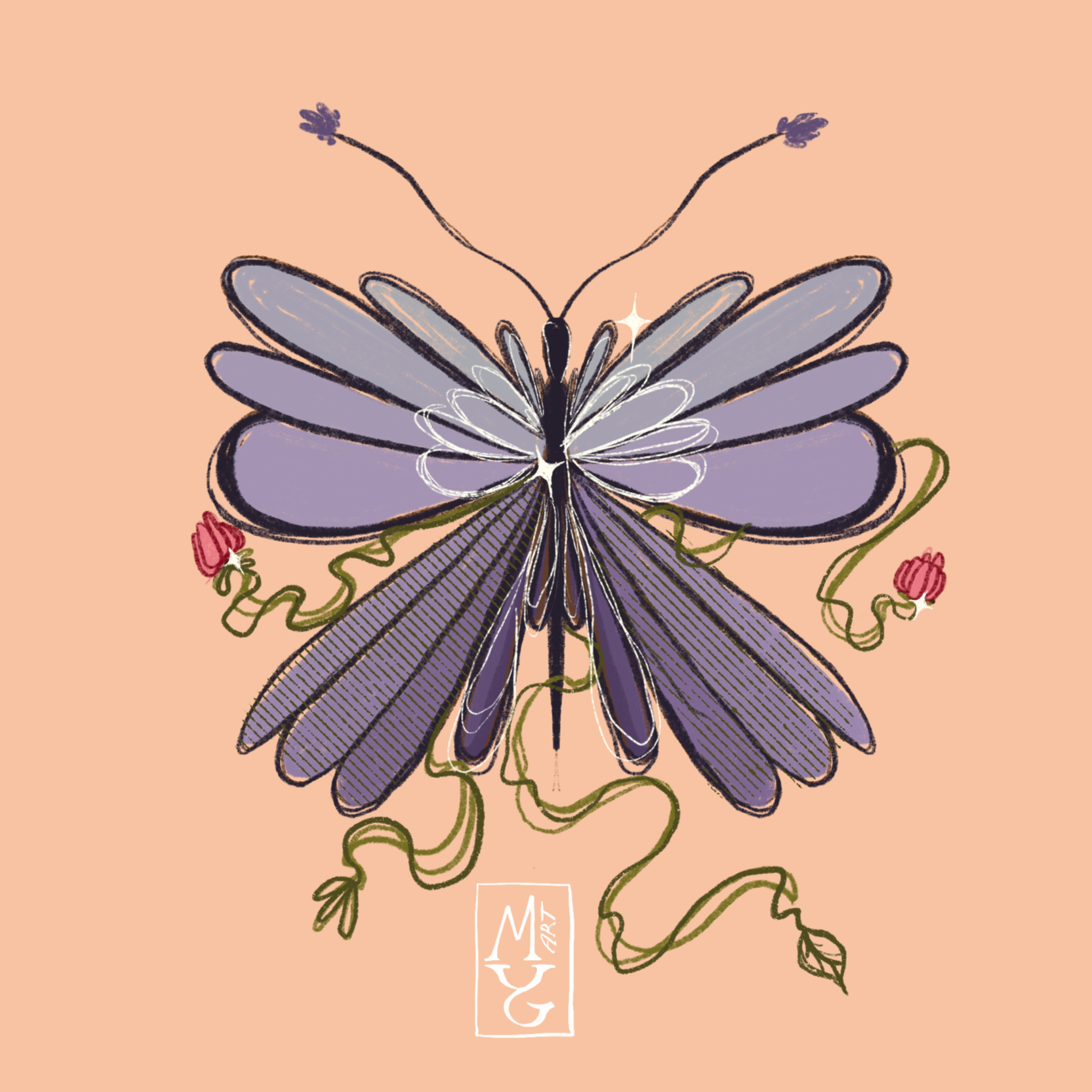 Illustration of a butterfly with purple and gray wings on a peach background, with green vines and pink flowers around it.
