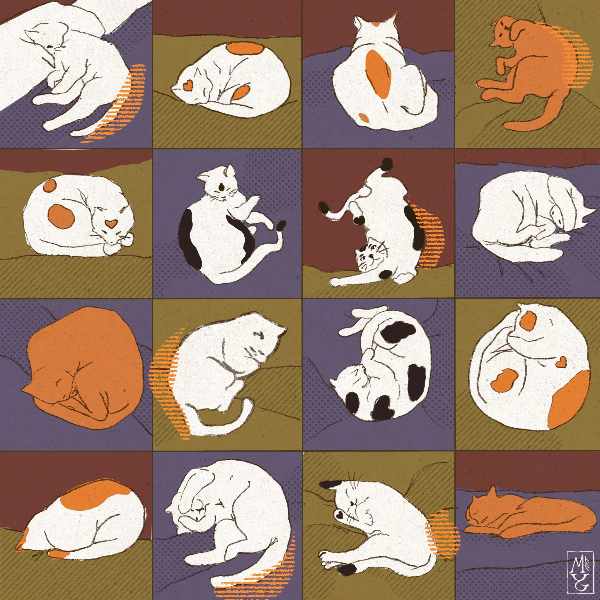 A collage of sixteen illustrations of cats sleeping, curled up, or lounging in various positions on beds or cushions, with different color patterns and backgrounds.