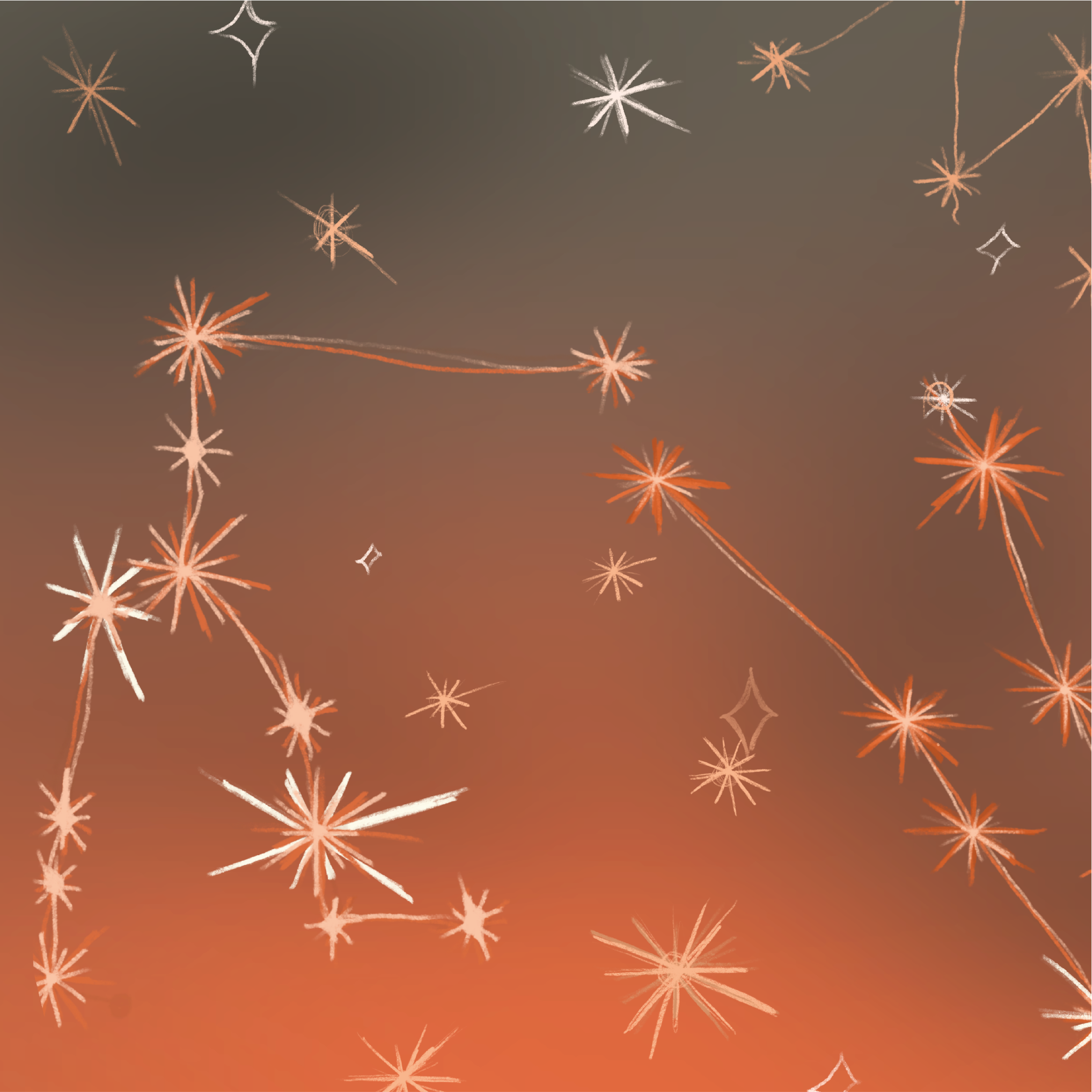 Illustration of fireworks in the night sky with orange and white streaks and star shapes against a gradient background.