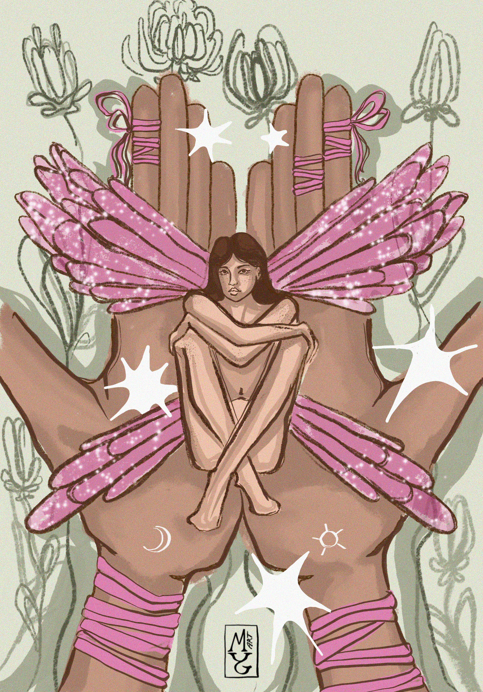 Illustration of a fairy sitting in front of a large hand with glowing pink wings, surrounded by flower sketches, stars, and celestial symbols on a light background.