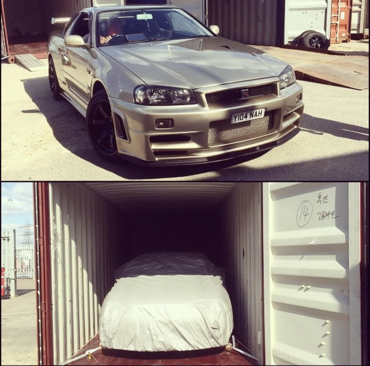 Top image shows a silver Nissan Skyline GT-R R34 parked outdoors, with black wheels and a modified front bumper. Bottom image shows a car with a covered exterior inside a shipping container, with the container door open revealing its interior.