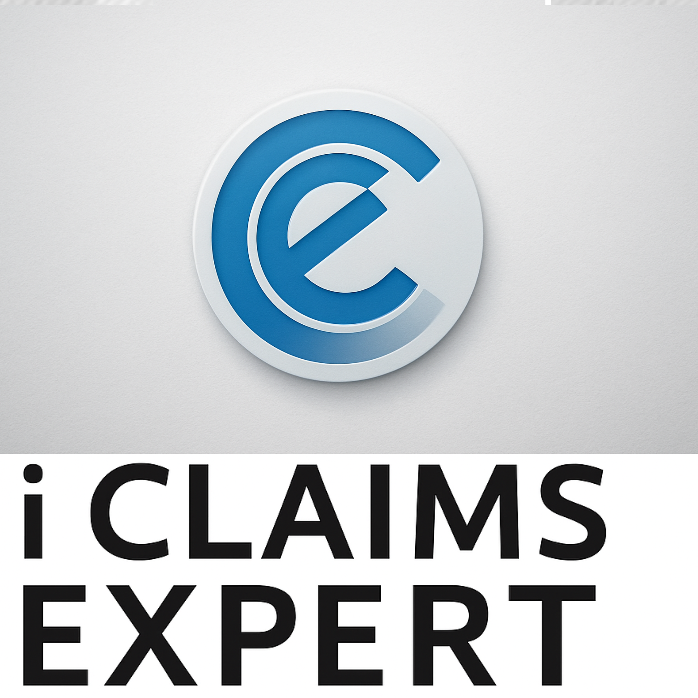 A circular icon resembling theEuro currency symbol with a blue and white color scheme, alongside black text that reads "¡CLAIM'S EXPERT."
