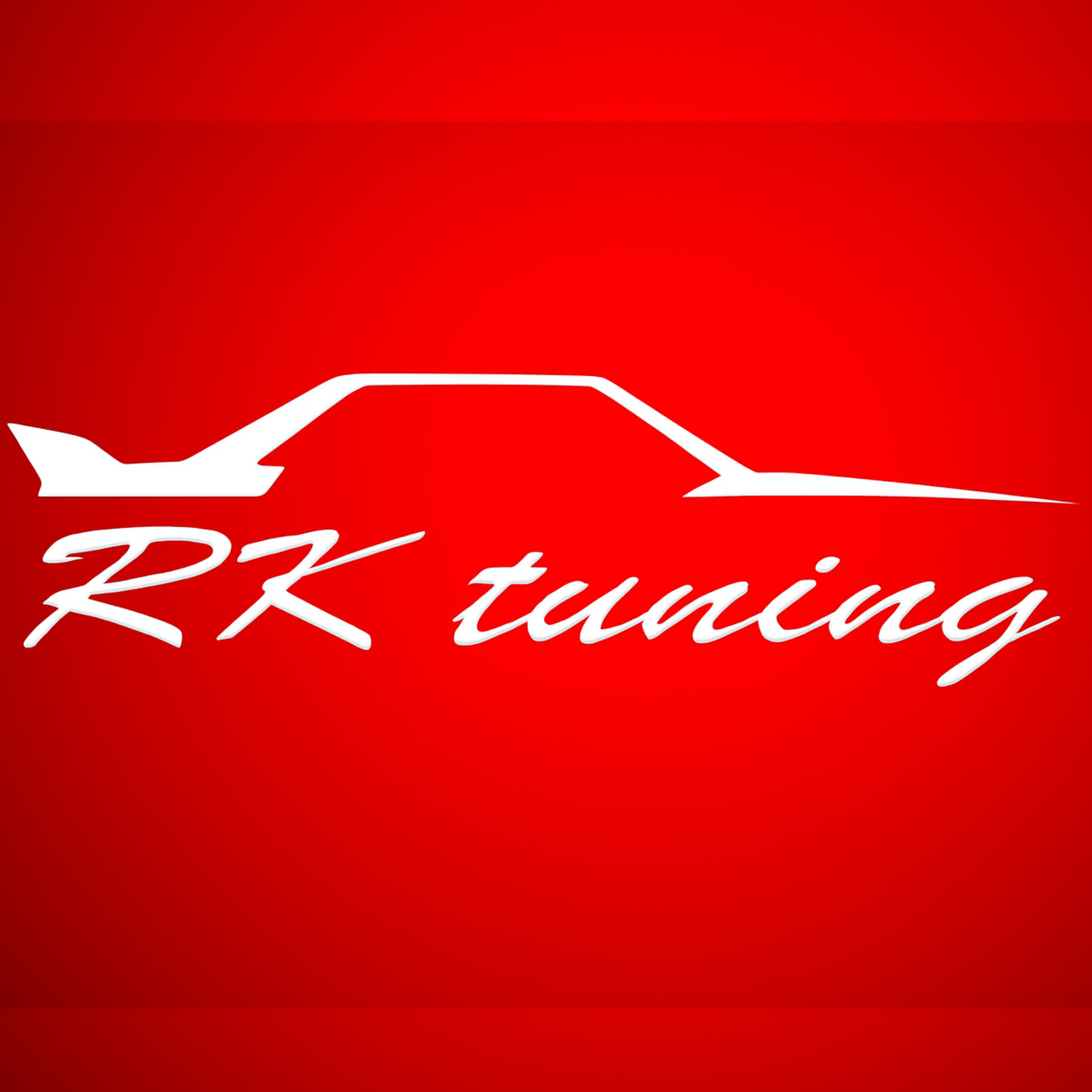 Logo with outline of a car above the words 'RK tuning' in white, cursive font on a red background.
