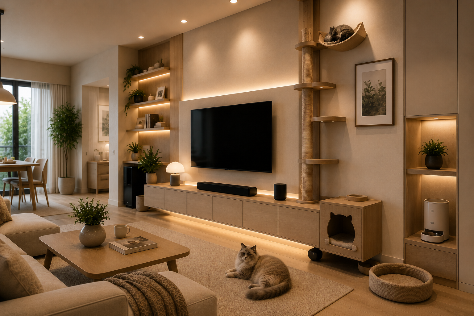 Warm modern pet-friendly living room with integrated cat furniture, minimalist carpentry, ambient lighting, and calm premium interior design for a cozy family home.