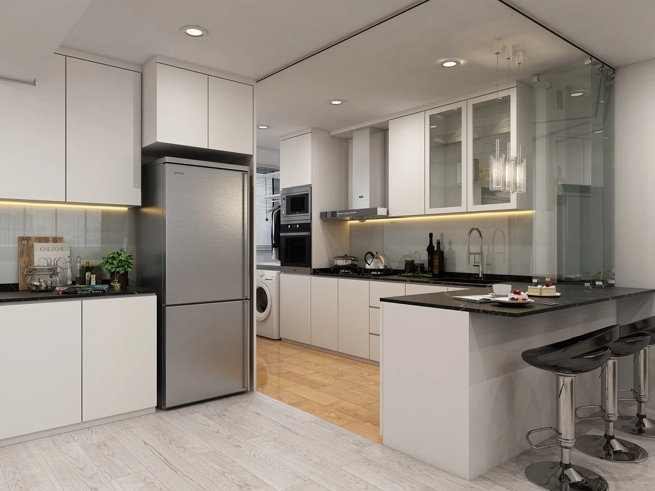 open kitchen interior design with open bar design