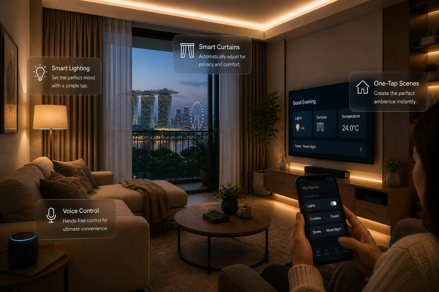 Cozy smart home living room in Singapore with warm ambient lighting, automated curtains, and smartphone-controlled lighting scenes, showcasing modern home convenience and comfort.