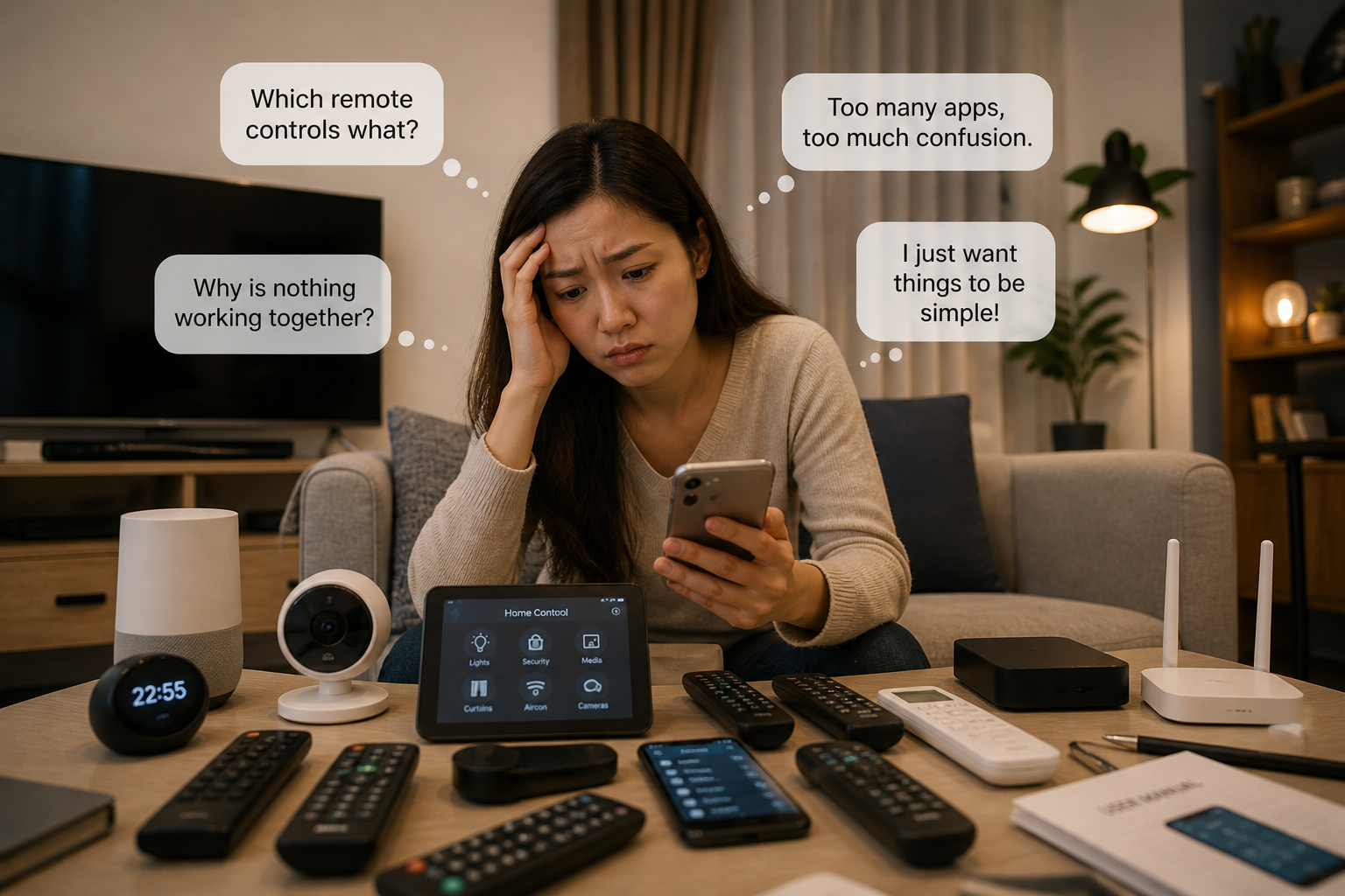 Cluttered smart home setup with multiple remotes, devices, and apps overwhelming a user, highlighting confusion and poor integration in a modern living room.