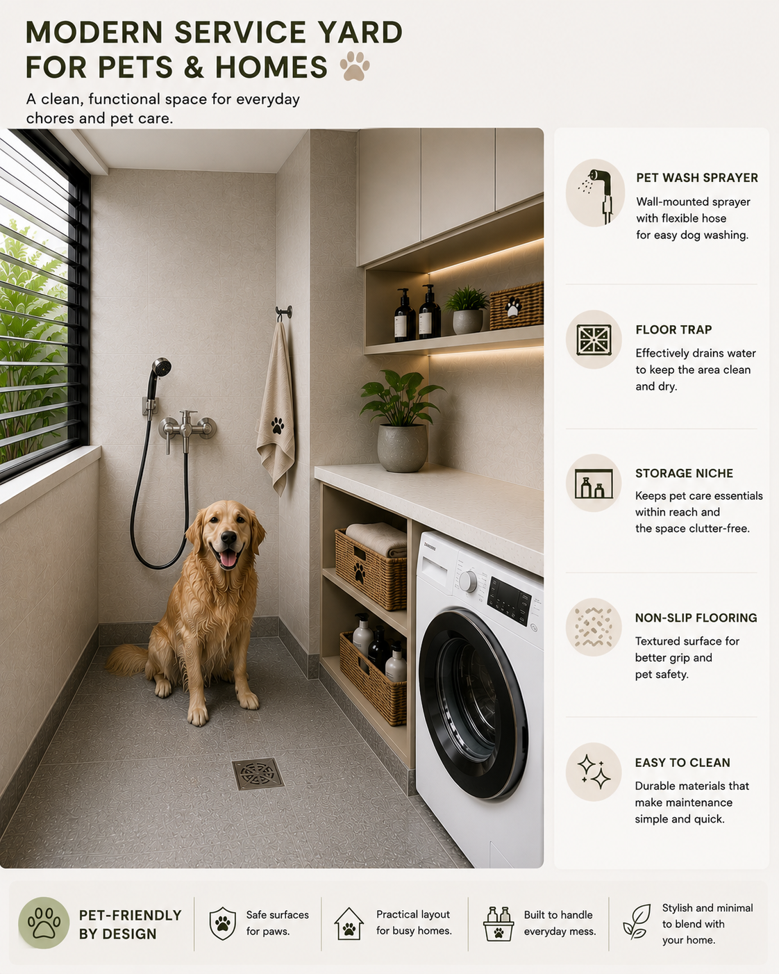 Modern pet-friendly service yard with dog wash station, non-slip flooring, floor trap, built-in storage niche, and minimalist laundry design in a contemporary home.