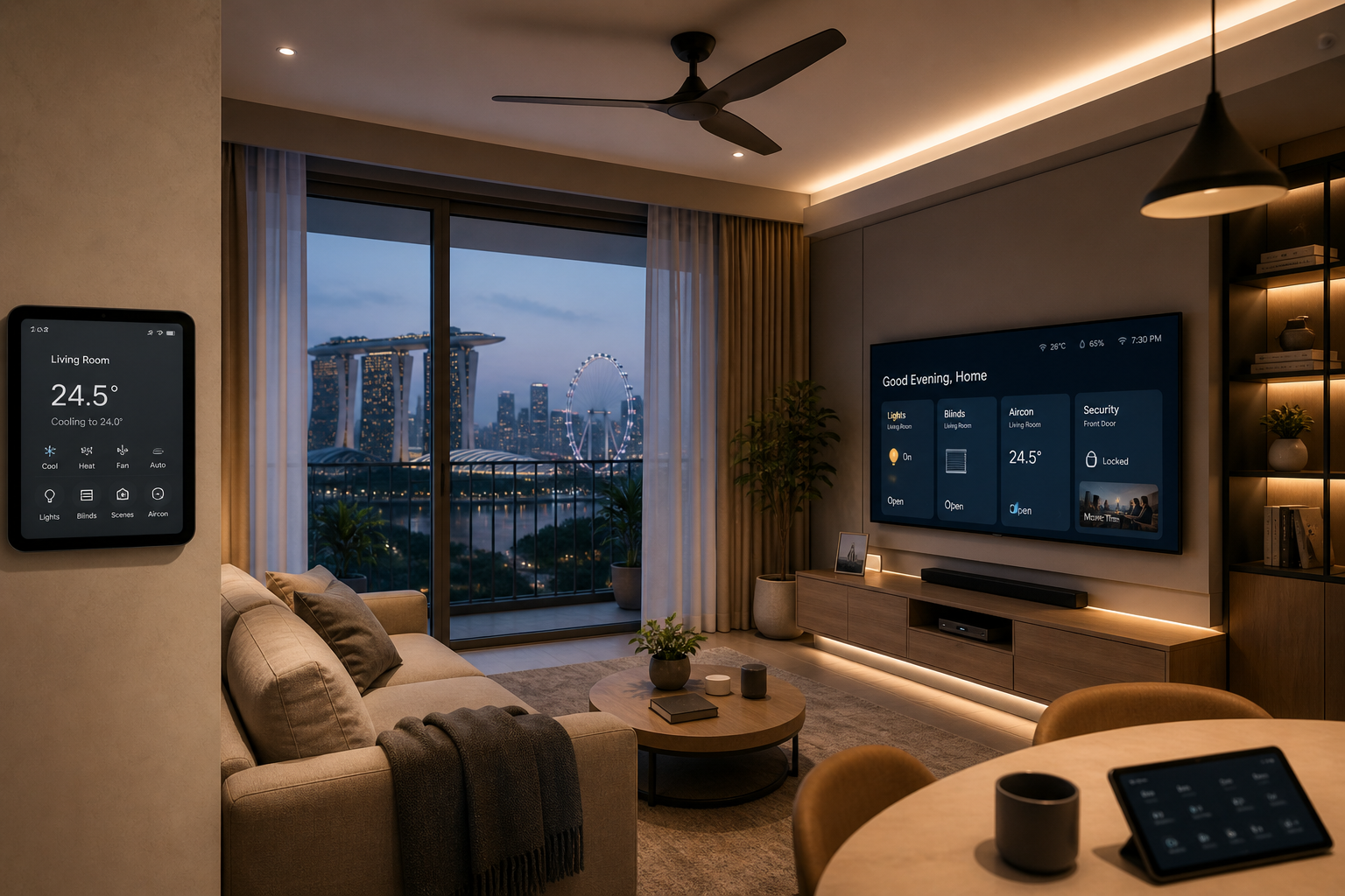 Modern smart home living room in Singapore with warm lighting, integrated automation controls, and a cozy minimalist interior overlooking the city skyline.