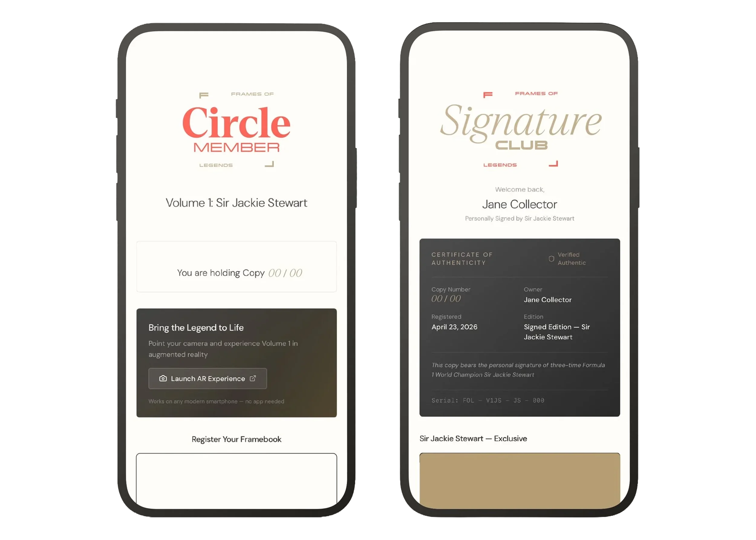 Two smartphones displaying digital certificates or memberships for the 'Frames of Signature Club' featuring Sir Jackie Stewart, with details about authenticity, owner, and edition, set on a gray surface.