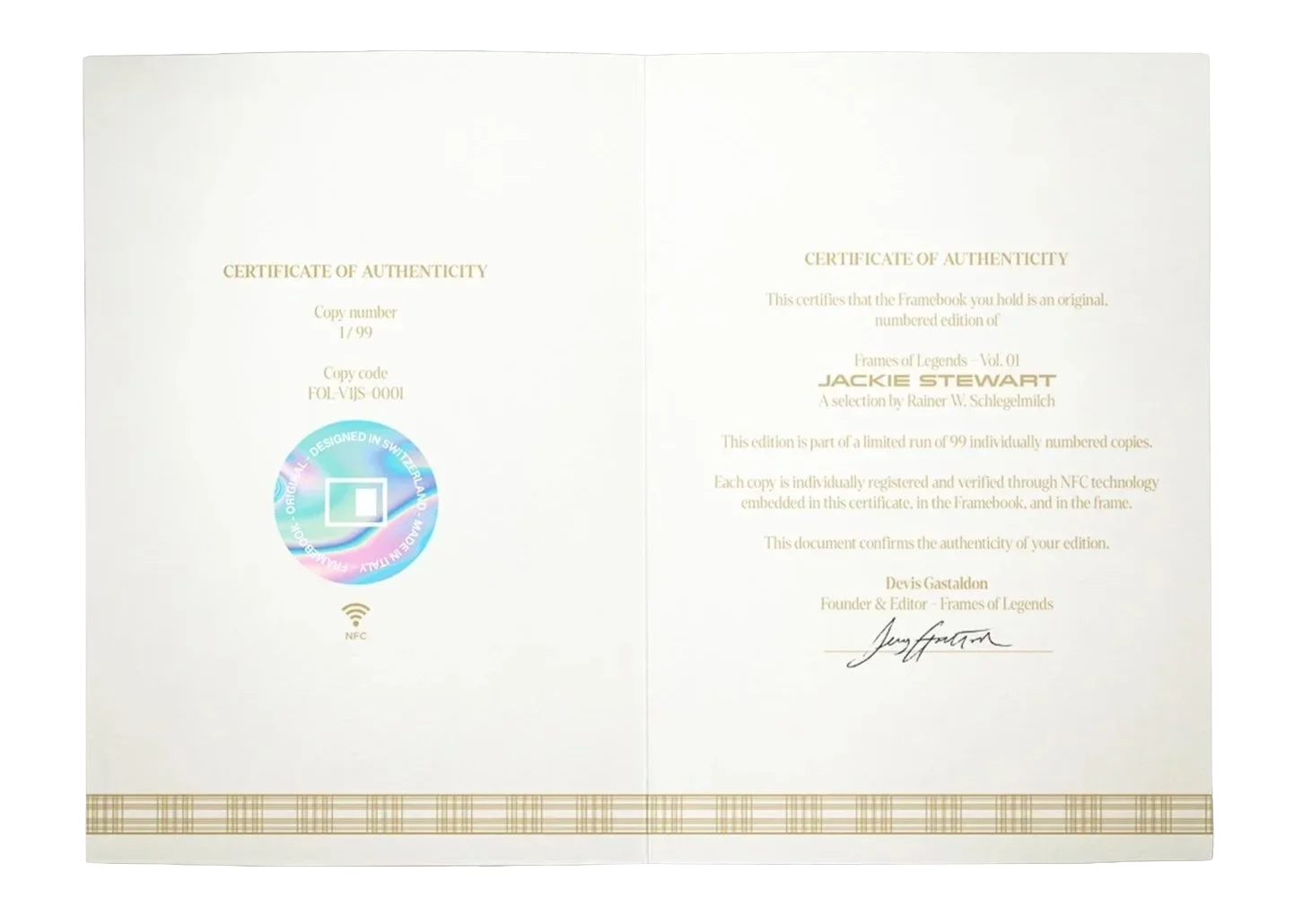 Open certificate of authenticity for a limited edition framed artwork, featuring gold text, a holographic foil sticker, NFC symbol, and diagonal plaid border at the bottom on a gray background.