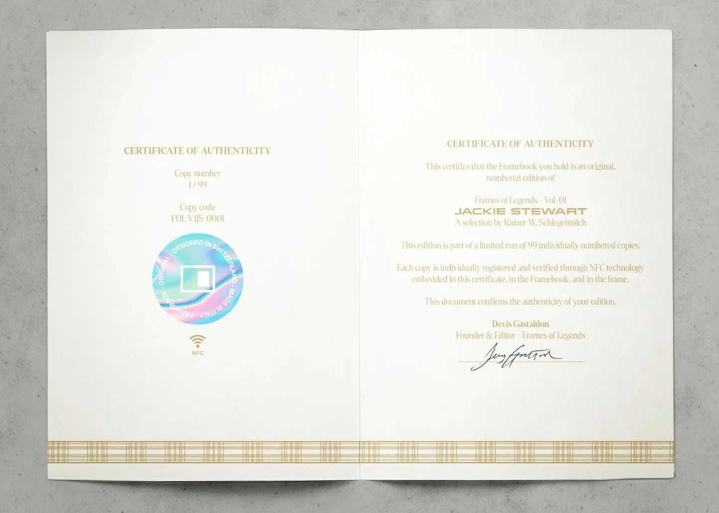Open certificate of authenticity for a limited edition framed artwork, featuring gold text, a holographic foil sticker, NFC symbol, and diagonal plaid border at the bottom on a gray background.