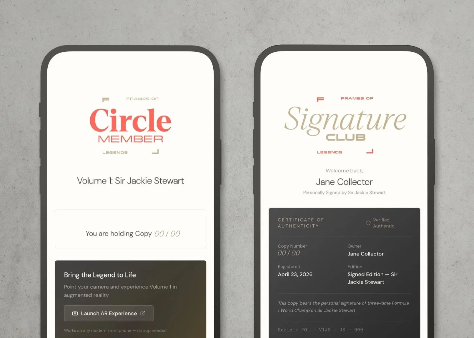 Mobile screens displaying digital collectible certificates for Sir Jackie Stewart's signed memorabilia, with details like volume, owner, edition, registration date, and authenticity certification.