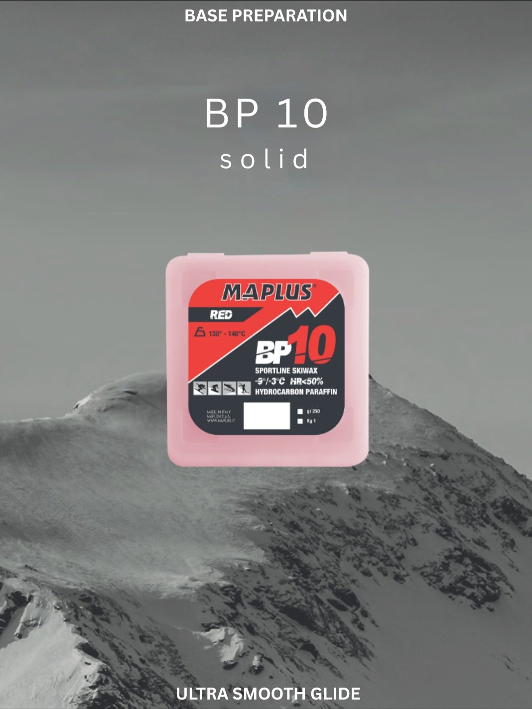 Prepare the racing base layer with BP10 solid wax range. 

High-hydrocarbon formula that bonds deeply with polyethylene bases, delivering durable saturation and ultra-smooth glide.

Available for every snow conditions.

@maplusskiwax