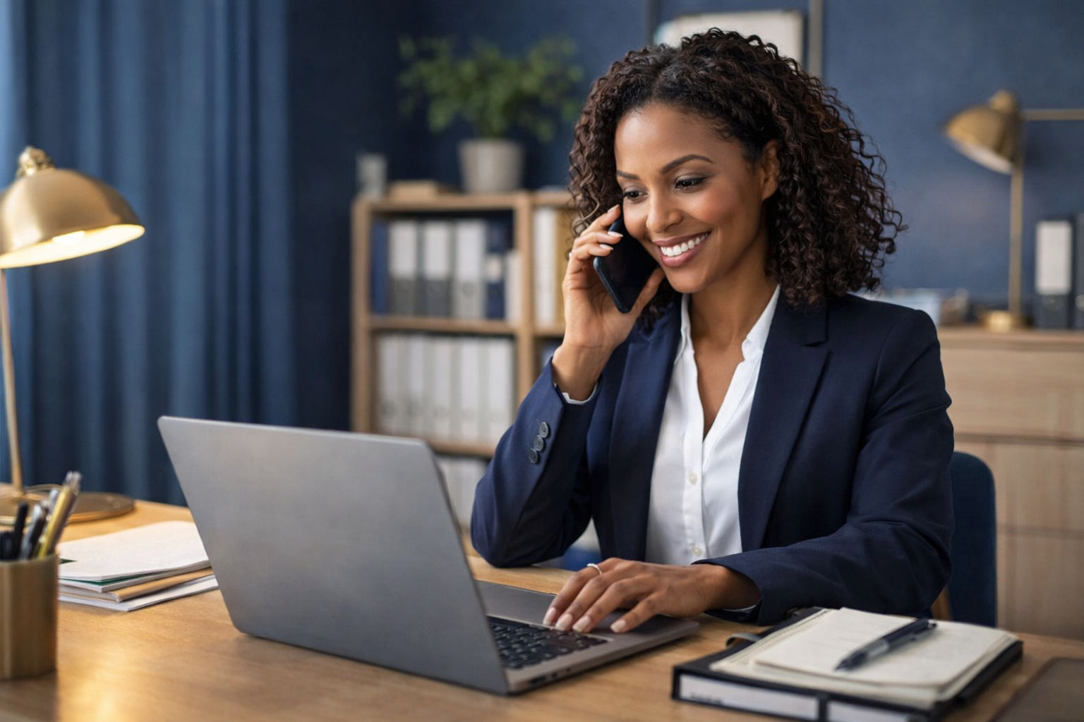 Mulher de negócios sorrindo no escritório, falando ao telefone, com laptop e caderno na mesa.